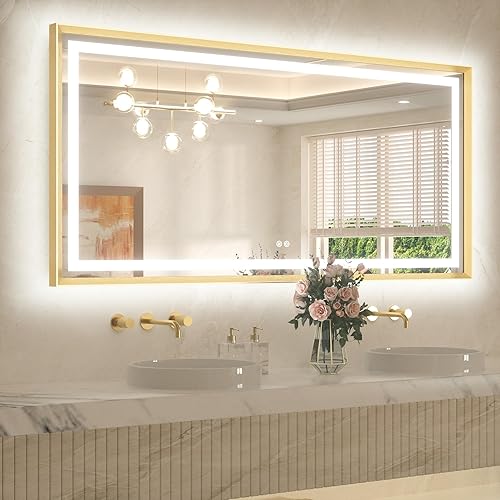Miniatura 10 de TETOTE Espejo LED de baño de 24 x 32 pulgadas, marco de metal dorado cepillado frontal y retroiluminado, espejo de tocador antiniebla, regulable Oro