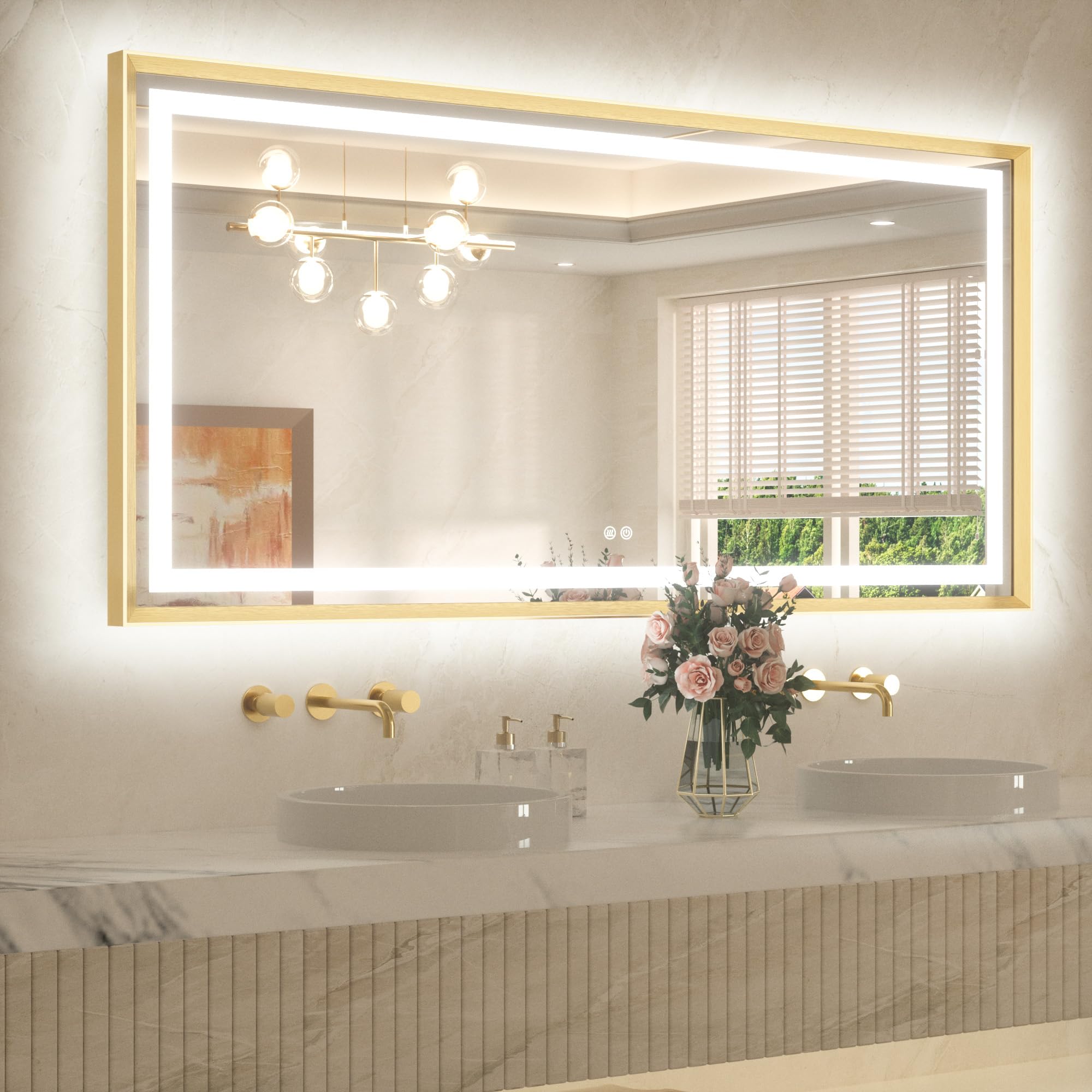TETOTE 60 x 30 Large Bathroom Mirror Brushed Gold Metal Frame Frontlit &amp; Backlit Vanity Mirror 3 Colors White/Warm/Natural Stepless Dimmable Anti-Fog Bathroom Mirrors for Vanity Wall-Mounted
