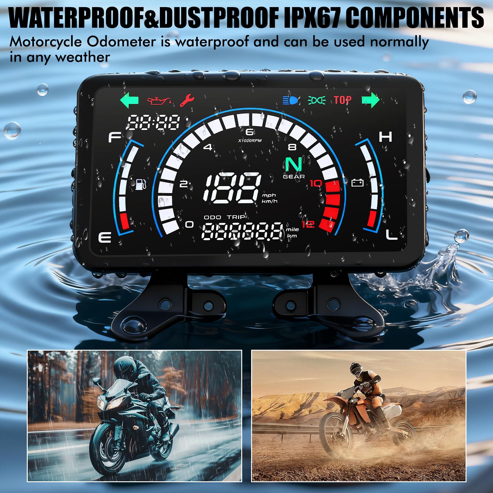 Geloo Motorrad Tacho Digital Motorcycle Speedometer 12V mit 7.7-Zoll-Display, Automatische Helligkeitsanpassung Für Honda CG125 Forza125 FT125