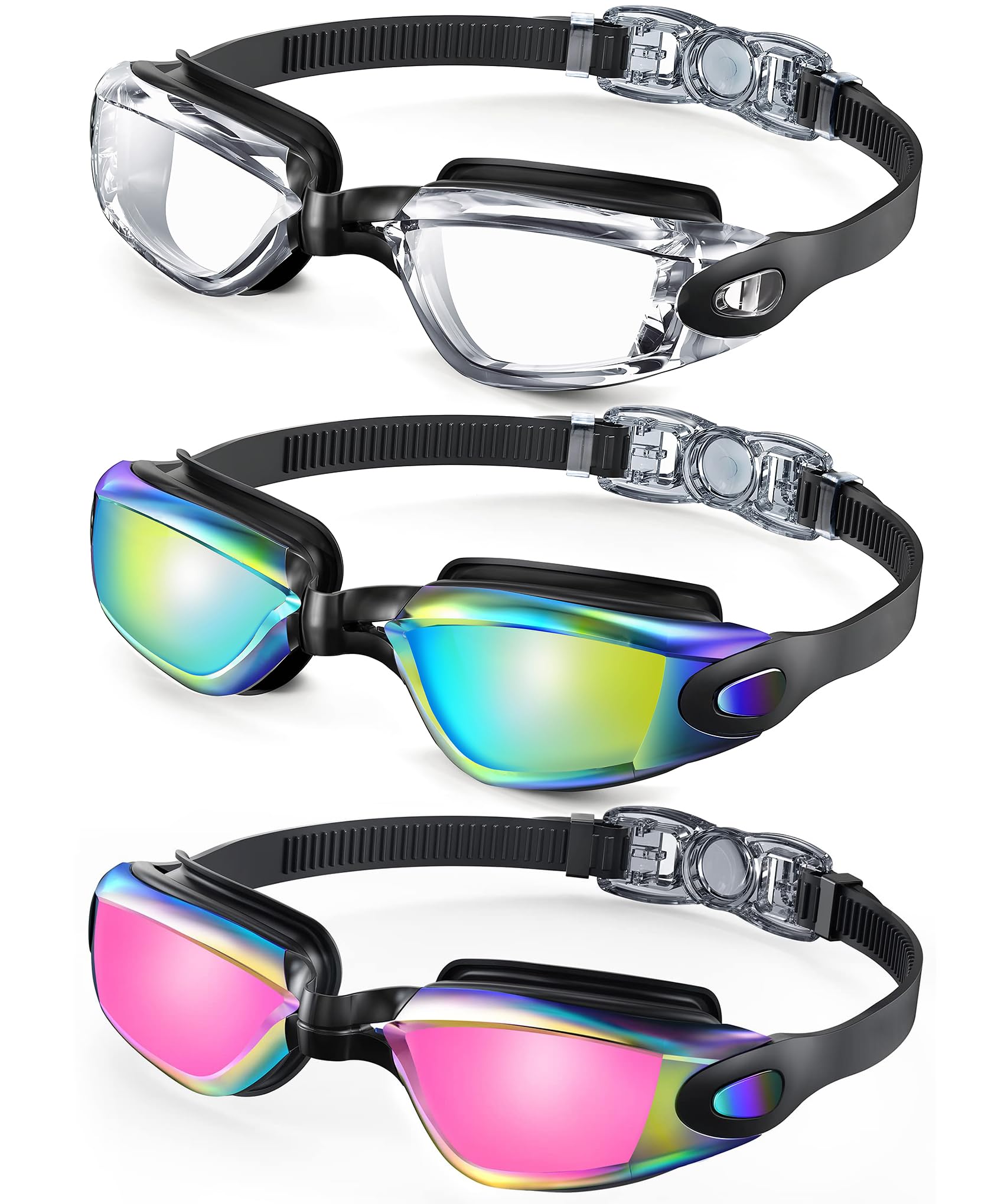 Occhialini da nuoto per adulti: occhialini da nuoto anti appannamento, unisex, con UV400, senza perdite, confezione da 3