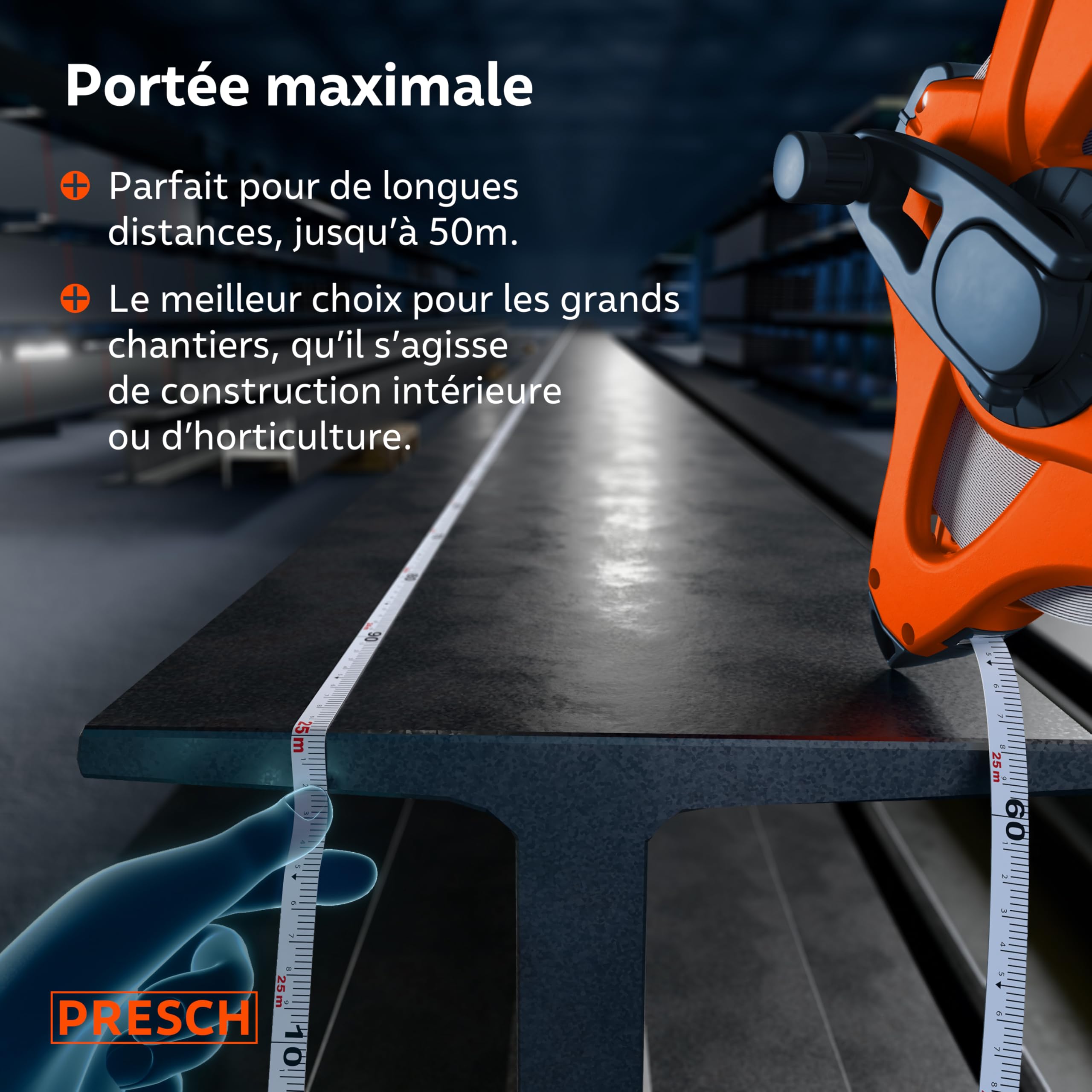 Presch Mètre Ruban 50m – Décamètre en Fibre de Verre résistant – Retour Rapide 3:1 – Verrouillage par Manivelle – Maintien sûr avec crochet multifonctions - Mètre enrouleur, Ruban d'Arpenteur