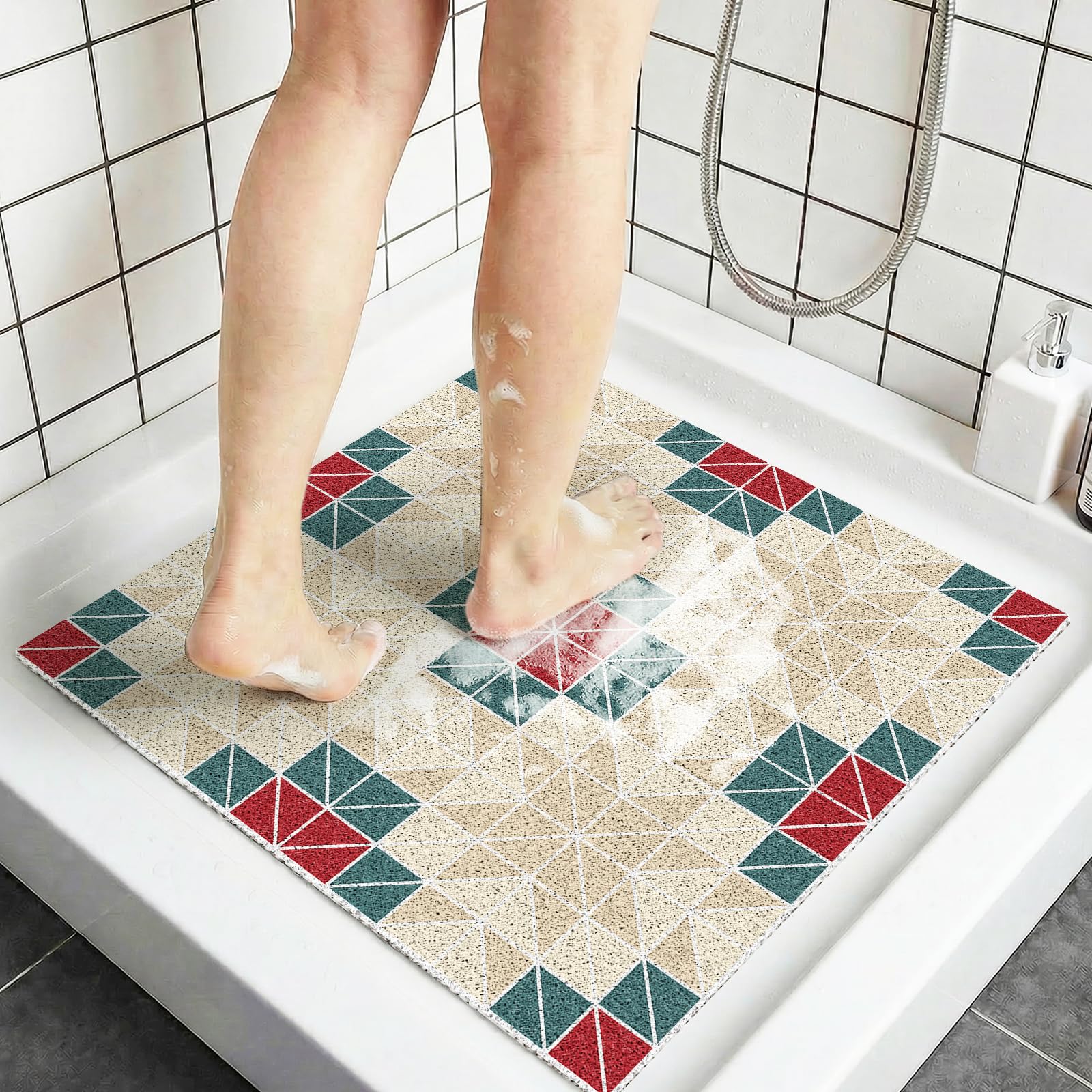 Quick Dry Square Shower Mat Non Slip 60x60 CM, Anti Mould PVC Loofah Bath Mat for Wet Room & Bathroom Floor, Soft Textured Shower Mats for Elderly Safety, Red Geometry