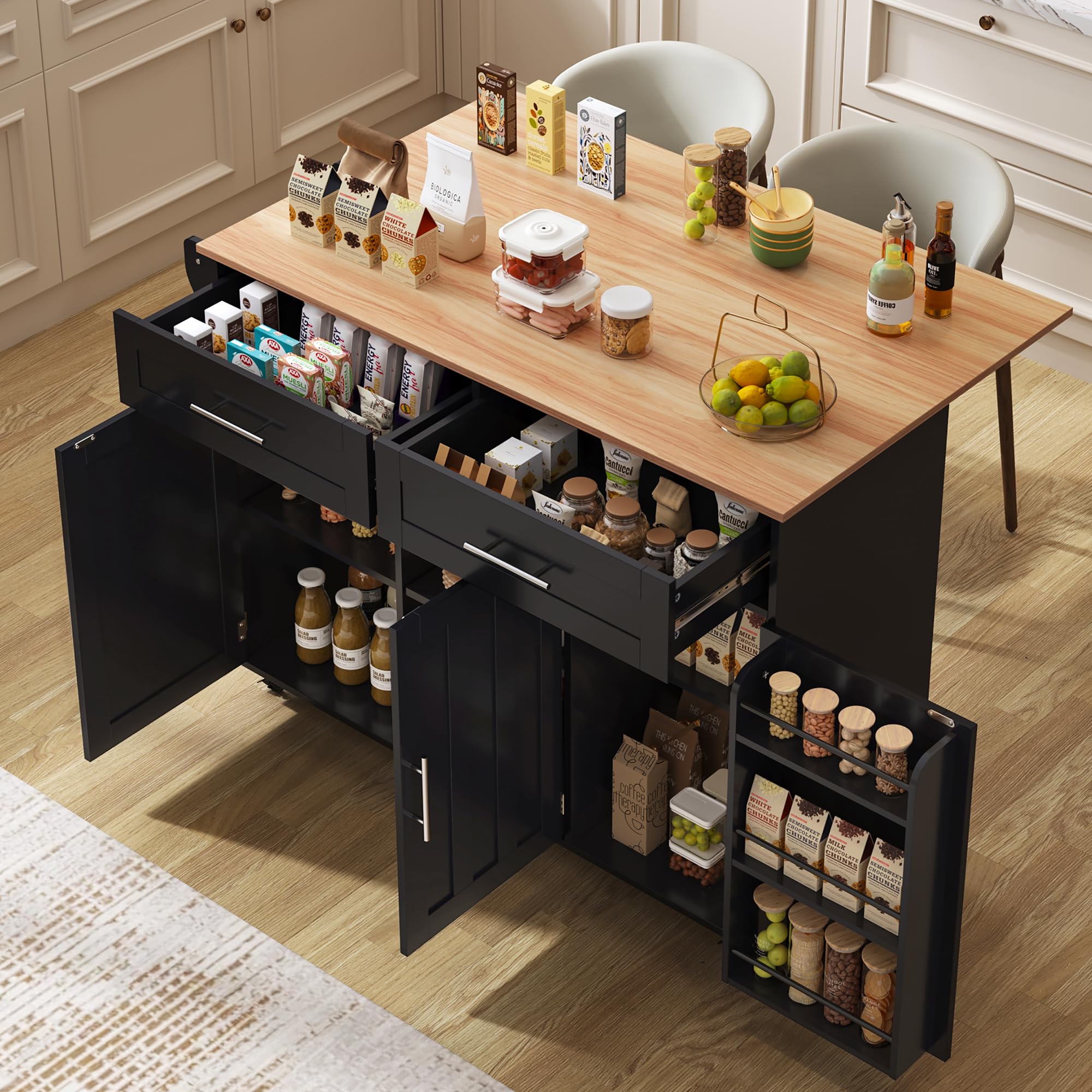 Sapgaks - Gran carro de servicio con mesa plegable, isla de cocina con toallero, 2 cajones, 3 compartimentos de almacenamiento, carro de cocina con 5 ruedas, armario de cocina, negro