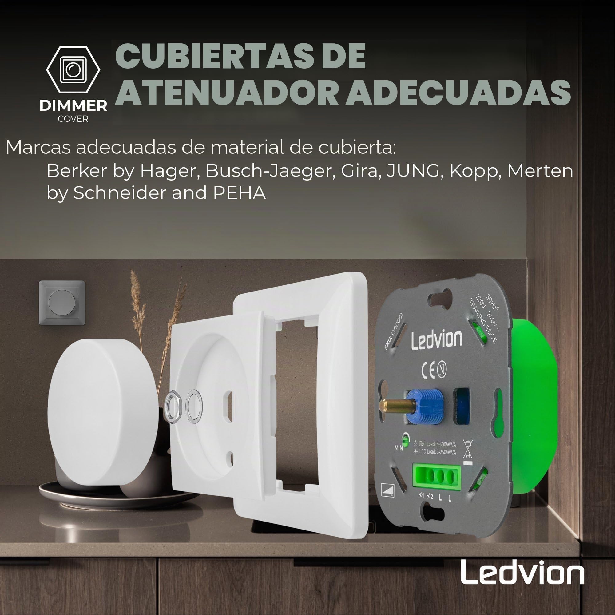 Ledvion - Regulador LED 3-250 Watt, Incluye Placa Frontal Blanca, Universal, Interruptor Regulador LED