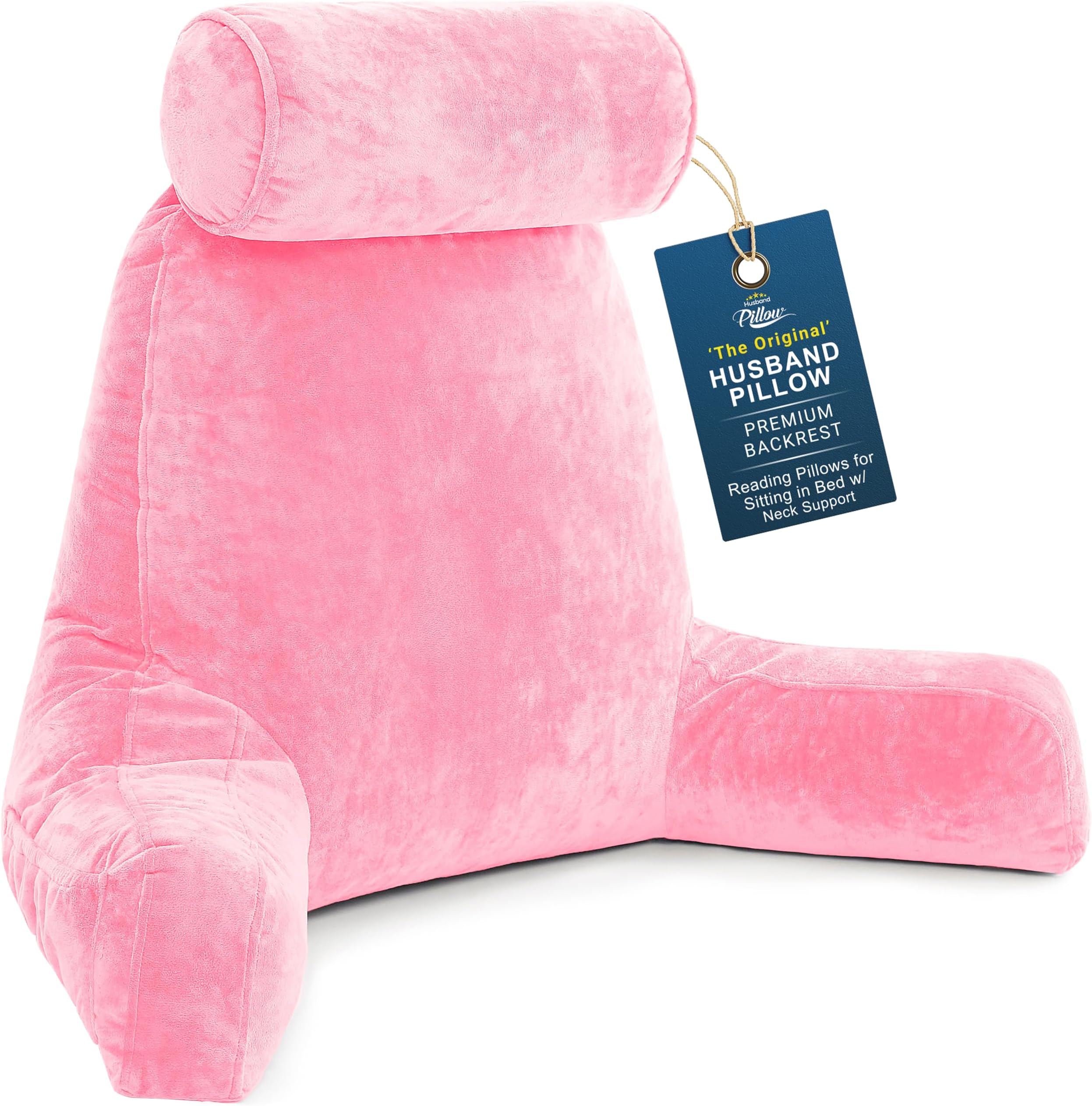 Husband Pillow XXL The Original for Adults - 30" Tall Backrest for Sitting Up in Bed - Firm Support Reading & Bed Rest Pillows for Adults, Neck Roll, Removable Cover - TV - Pink