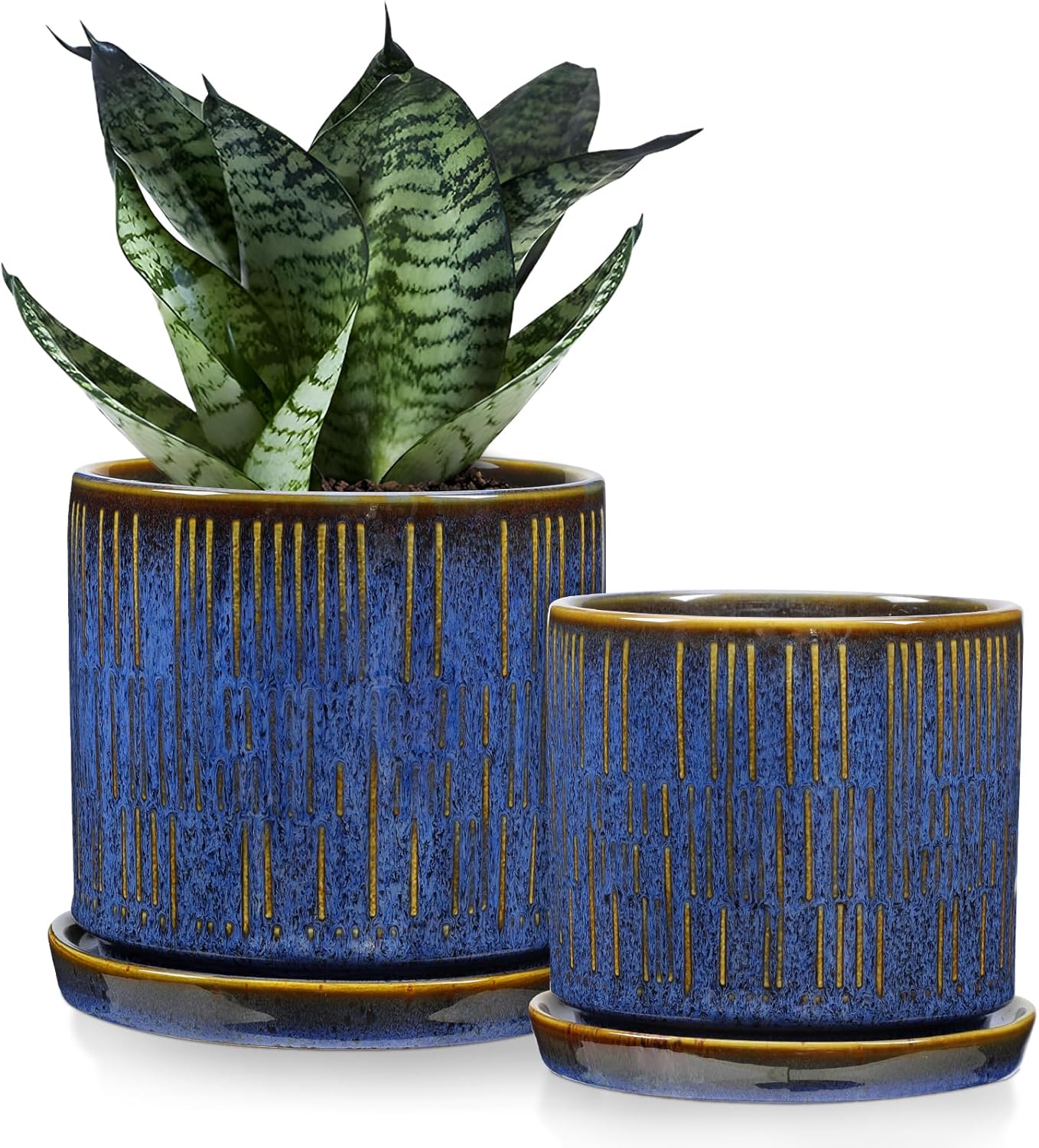 GnFlus Ceramic Plant Pots 6 Inch Set of 2, Flower Plants Pot with Drainage Holes Blue Planter Garden Pot for Succulent Cactus Home Decoration Gift Indoor Outdoor