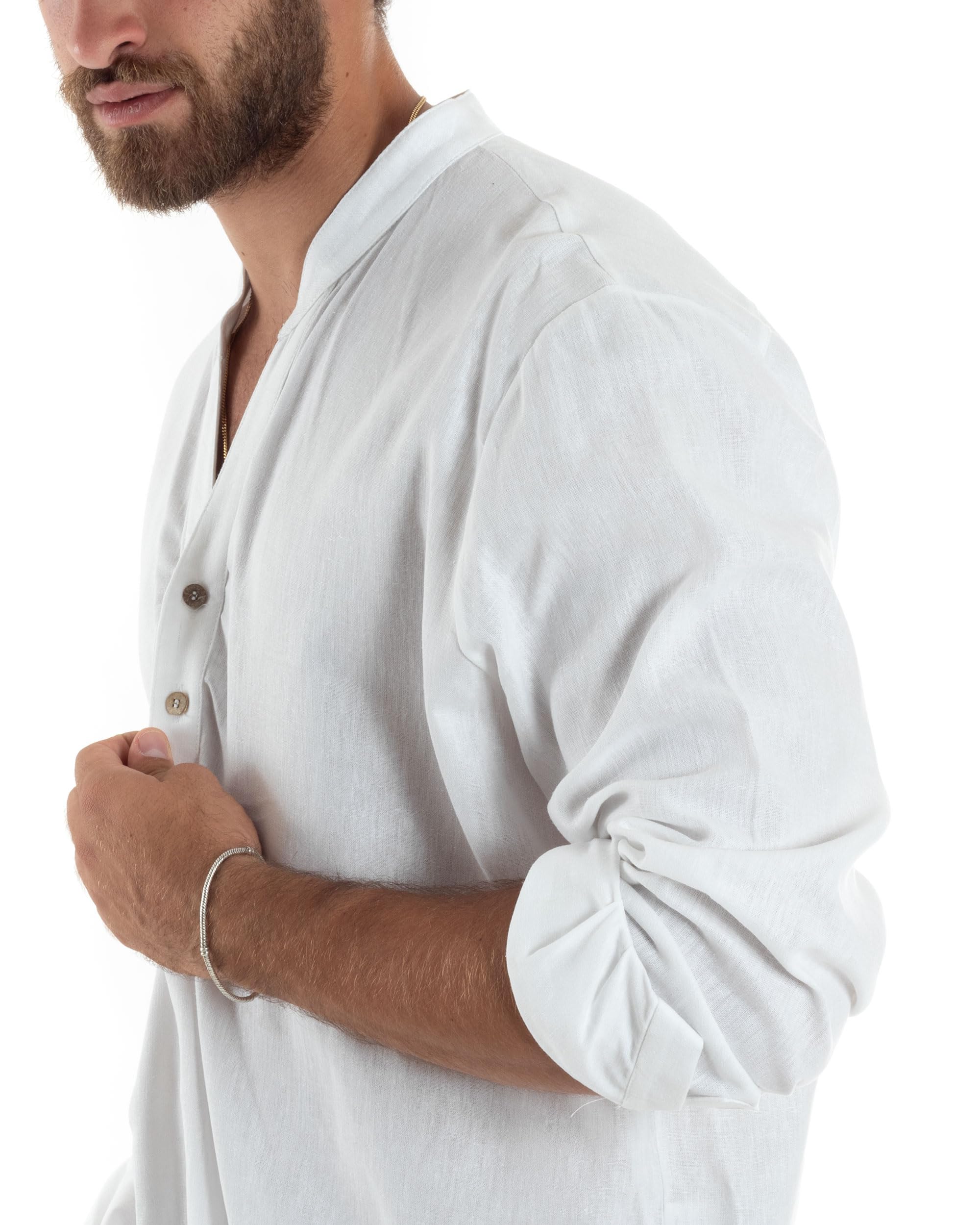 Camicia Maniche Lunghe Uomo Lino Regular Fit Collo Serafino alla Coreana Casual Tinta Unita Vari Colori