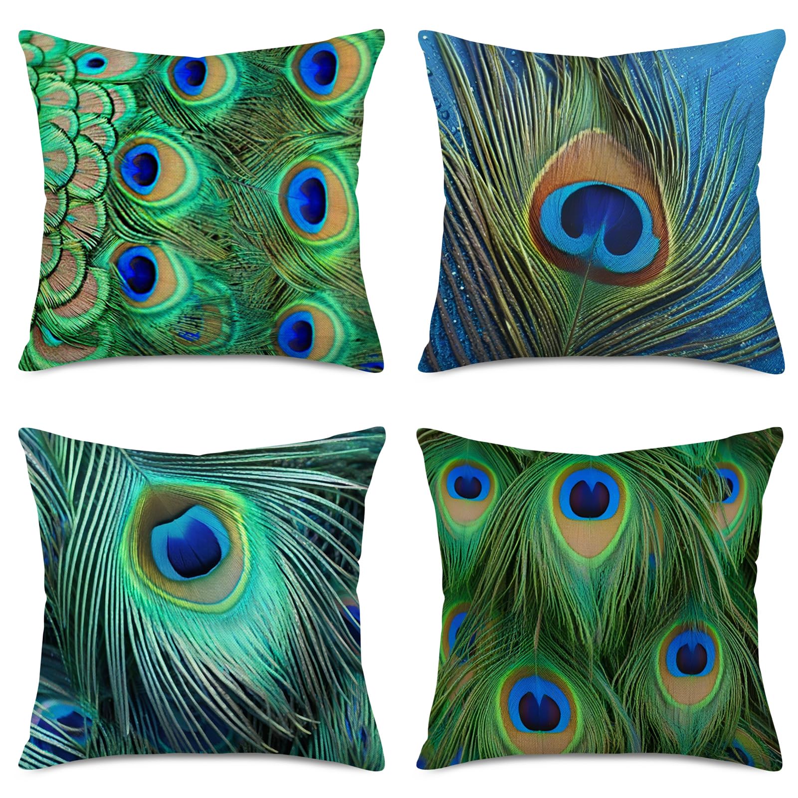 Fukeen Colorful Peacock Feather Decorative Throw Pillow Cases 4 Pcs Cotton Linen Standard 18x18 Inch Cushion Cover Natural Style for Home Sofa Couch Decor Pillowcase Green Blue