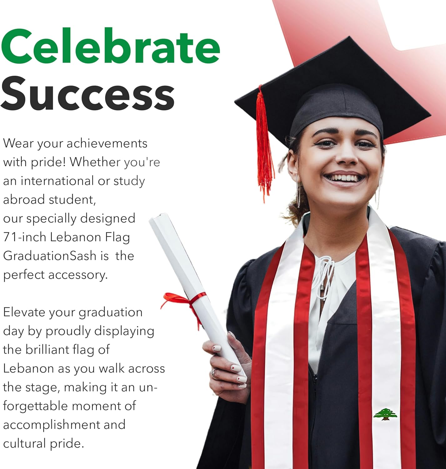 Vision Wear - Lebanon Flag Graduation Sash/Stole - Luxurious Cultural Symbol - Embrace Your Heritage - Pride & Honor Sash