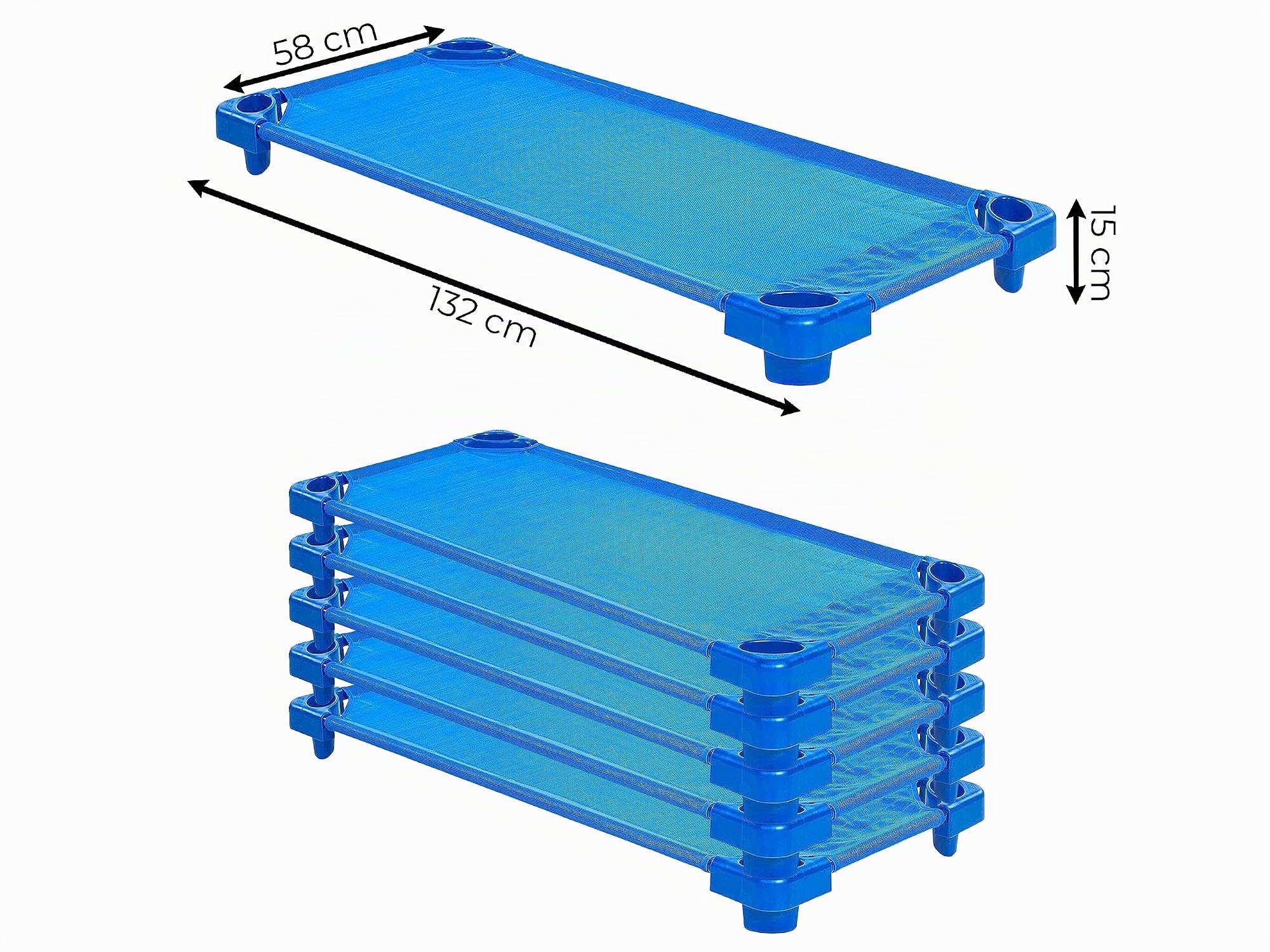 Pack de 6 Cunas Apilables para Guardería Azules – Cuna Apilable para Guardería 132cm x 58cm x 15cm