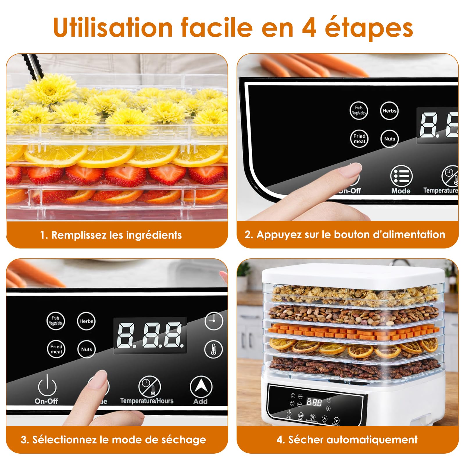 Déshydrateur Alimentaire, Déshydrateur à 5 Plateaux Réglables en Hauteur, Contrôle de Température de 35 à 70°C et Minuterie de 72 Heures, Déshydrateur pour Fruits et Légumes, Sans BPA