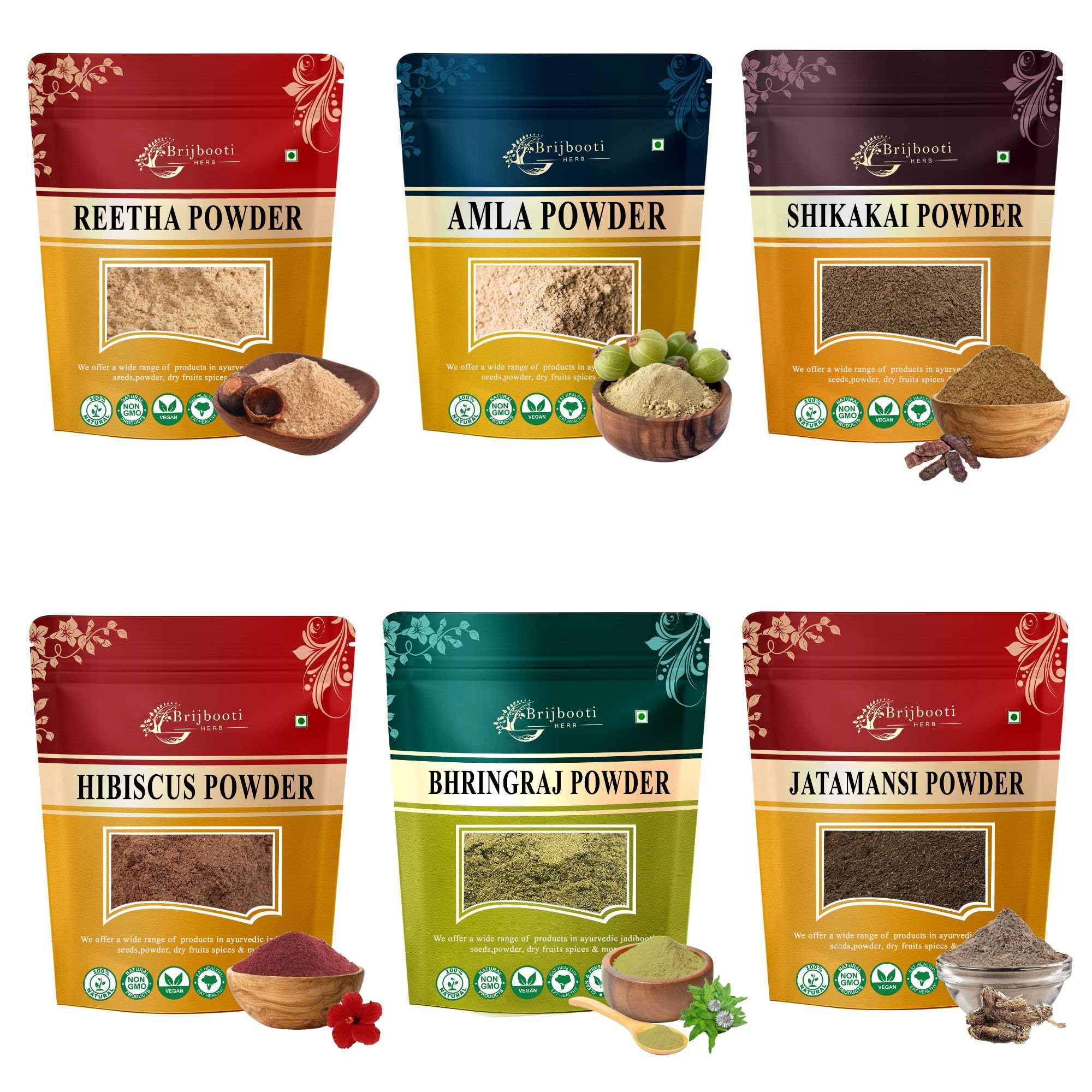 BrijBooti Mahavir Reetha Amla Shikakai Bhringraj Hibiscus Jatamansi Powder 300 Gr