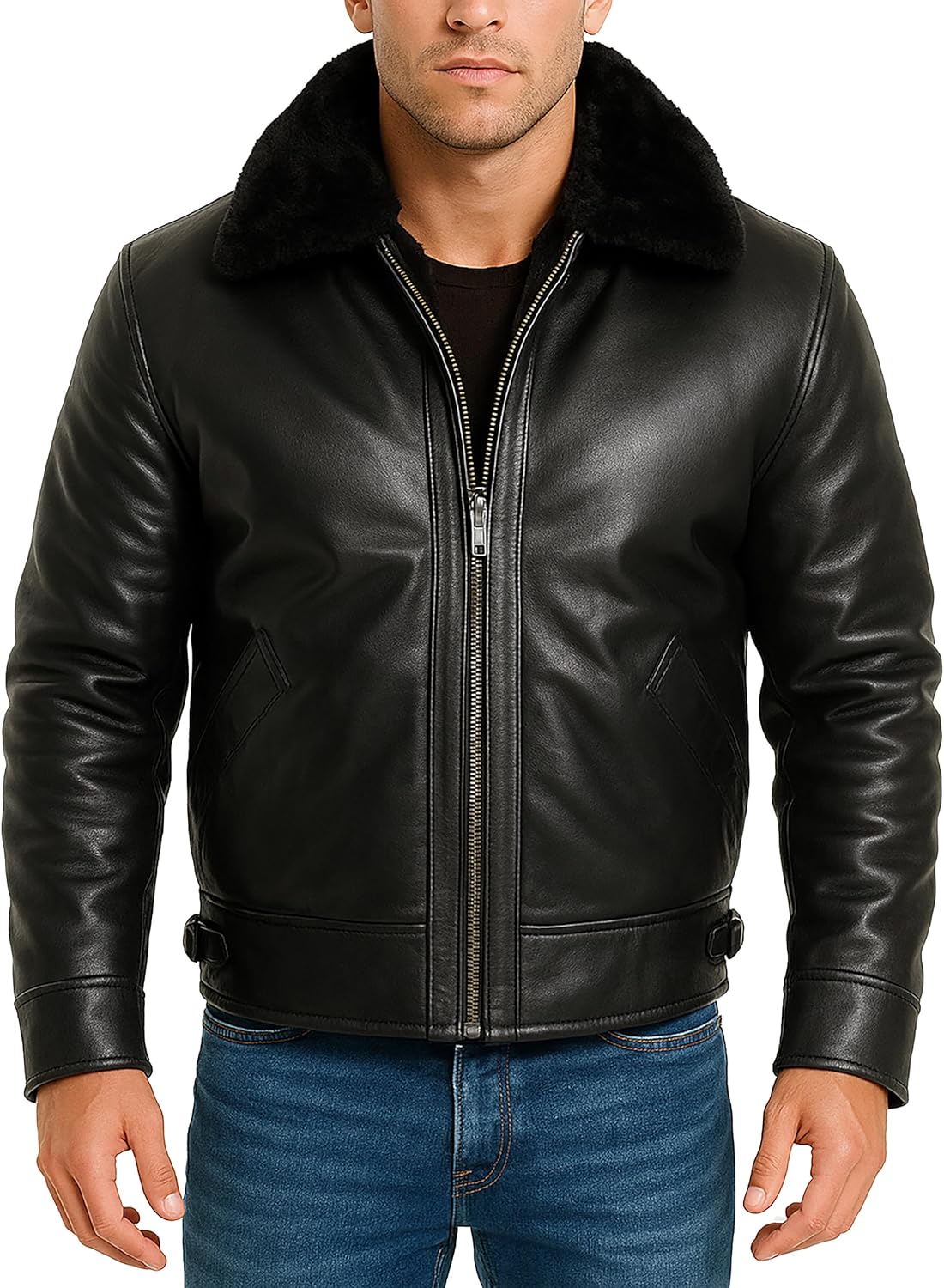 SpazeUp Mens Fur Shearling Jacket Real Sheepskin Leather Jacket | B3 Flight Pilot Aviator Bomber Jackets Men Shearling Coat