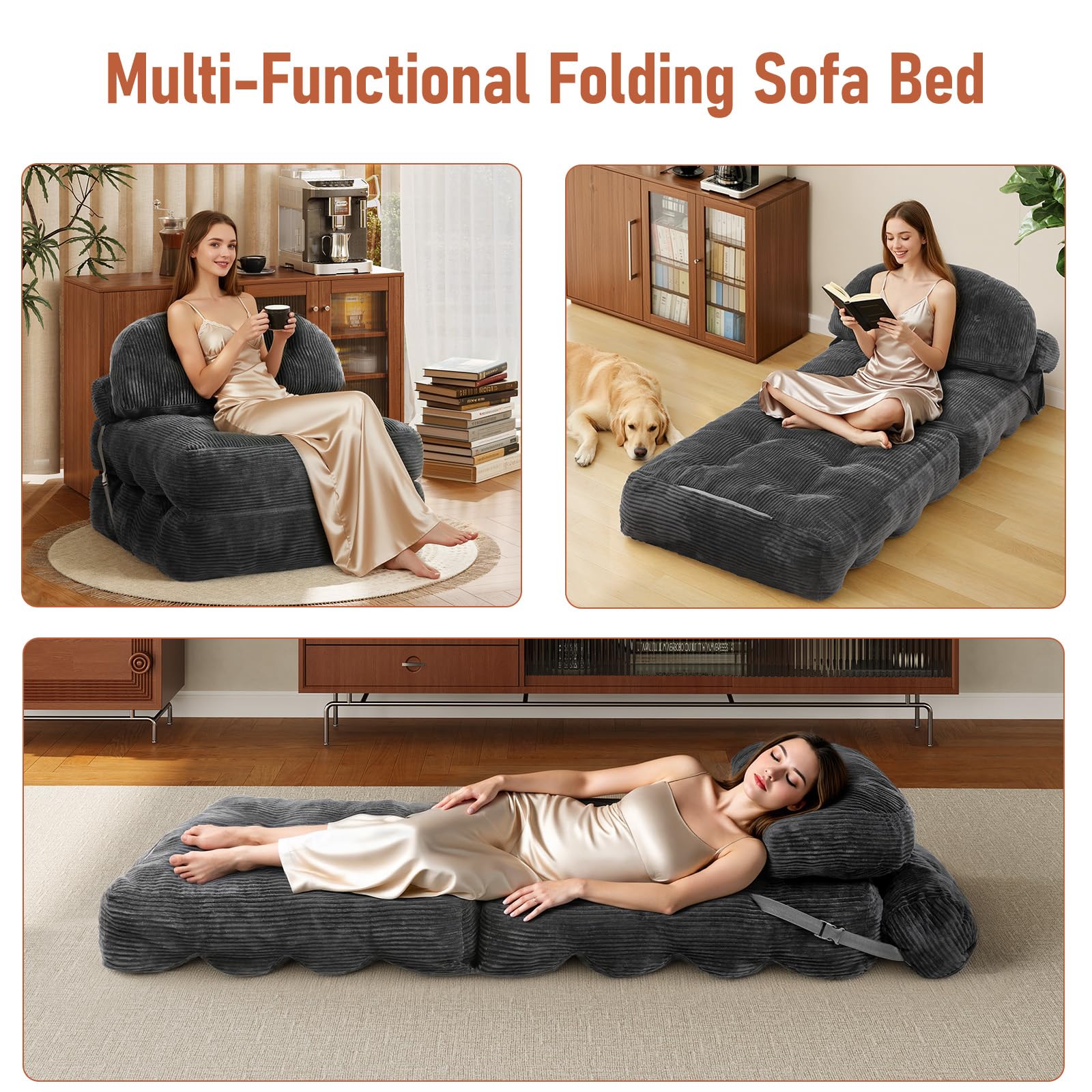 Vellorise Folding Sofa Bed, Convertible Sleeper Chair with Back Support and Pill — product photo