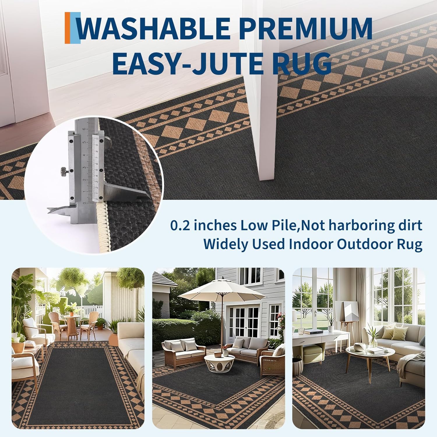 Garvee 5x7 Geometric Diamond Outdoor Rug, Washable Easy Jute Rug for Entryway, Stain Resistant Non Shedding Neutral Border Area Rugs with Non Slip Backing for Bedroom, Living Room, Patio, Black Brown