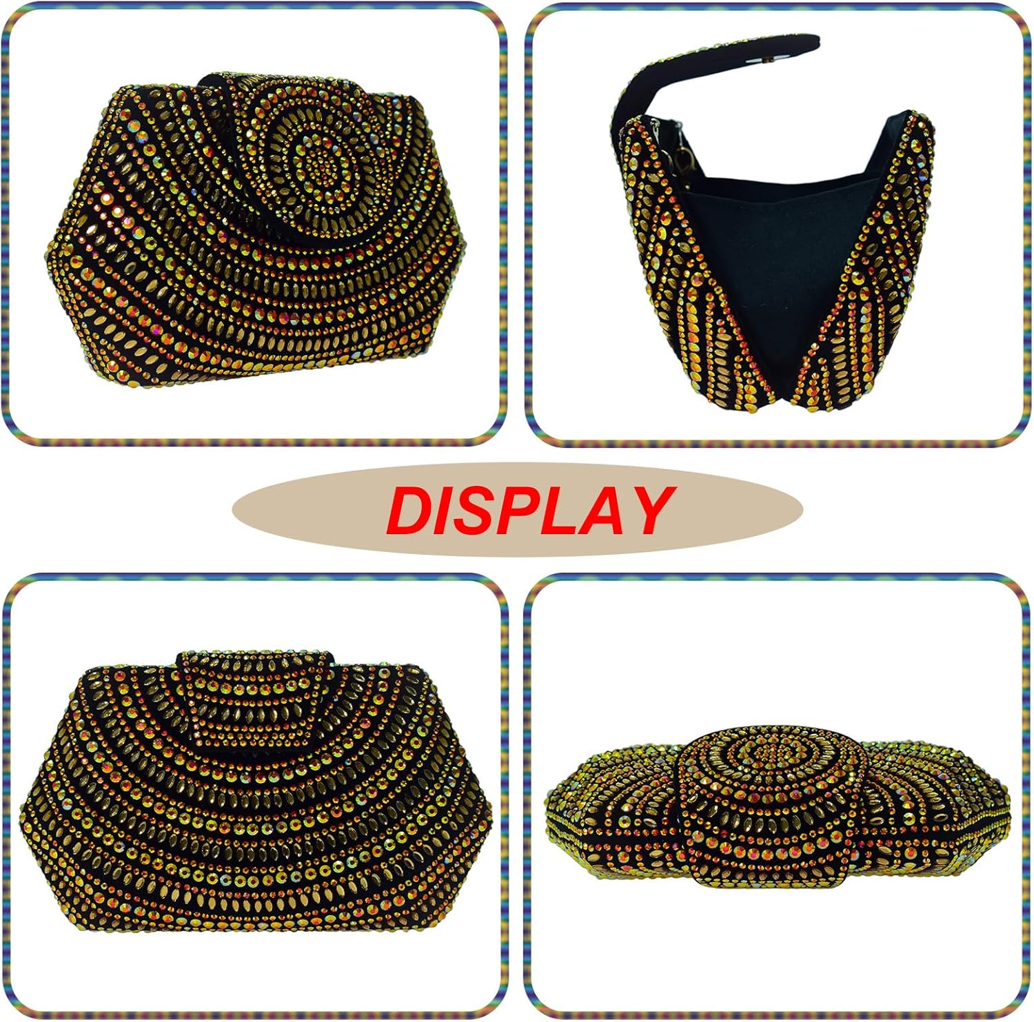 HUANG ZHUANG Colorful Rhinestone Clutch Purse for Women Vintage Black Velvet Handbag Wedding Party Bag