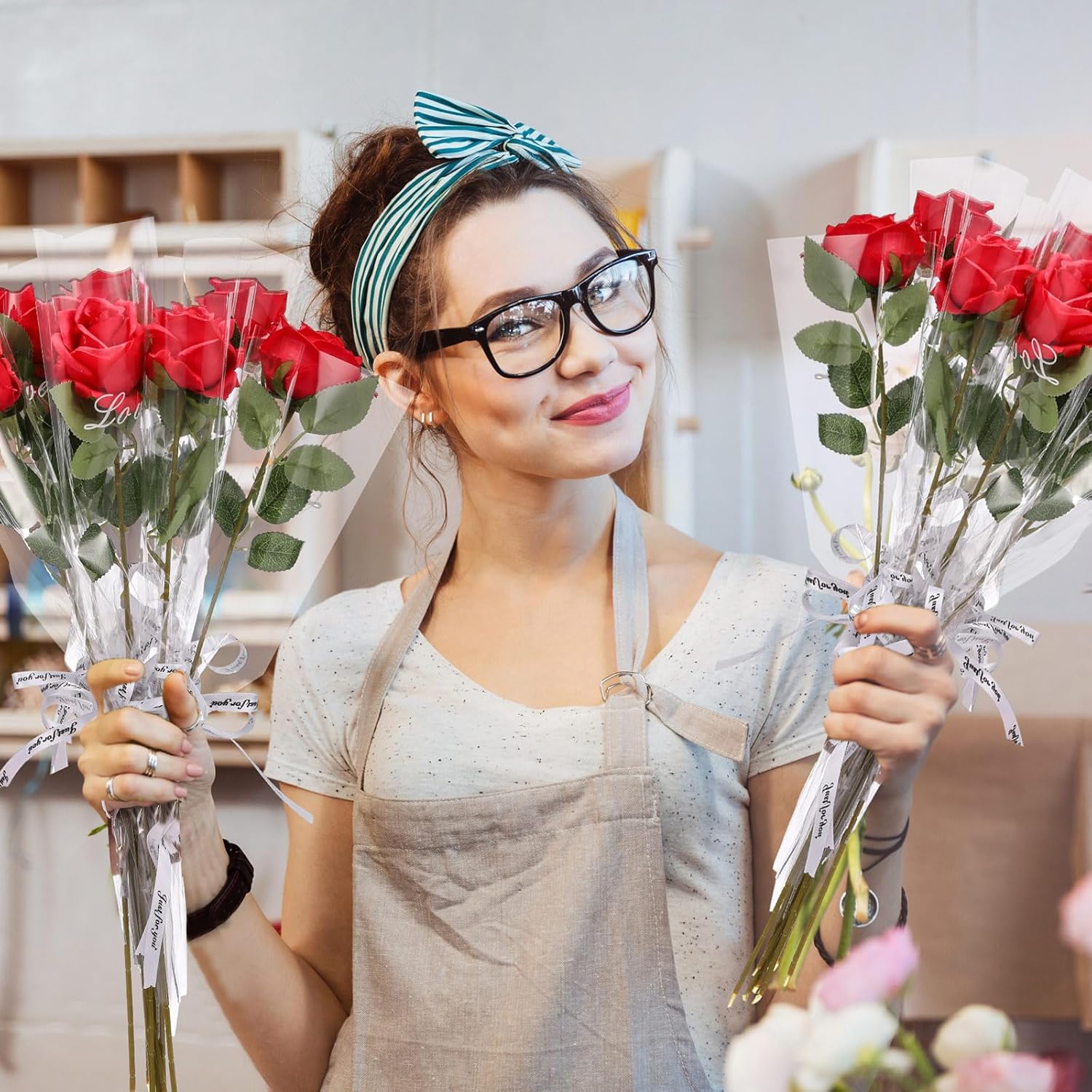 Zeyune 36 Pack Mother's Single Rose with Sleeves Set, Artificial Red Roses Bulk with Flower Sleeves, Single Stem Flower Wrap for Mother's Day, Anniversary, Romantic Gifts (Clear)