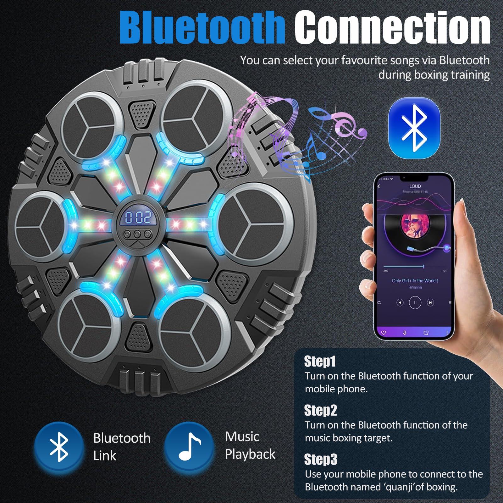 Máquina de Boxeo Musical, LED Luces Music Boxing Machine con Guantes De Boxeo, 3 Velocidades Ajustables y Contables, Boxeo Pared Musical Maquina con Bluetooth para Adultos y Niños