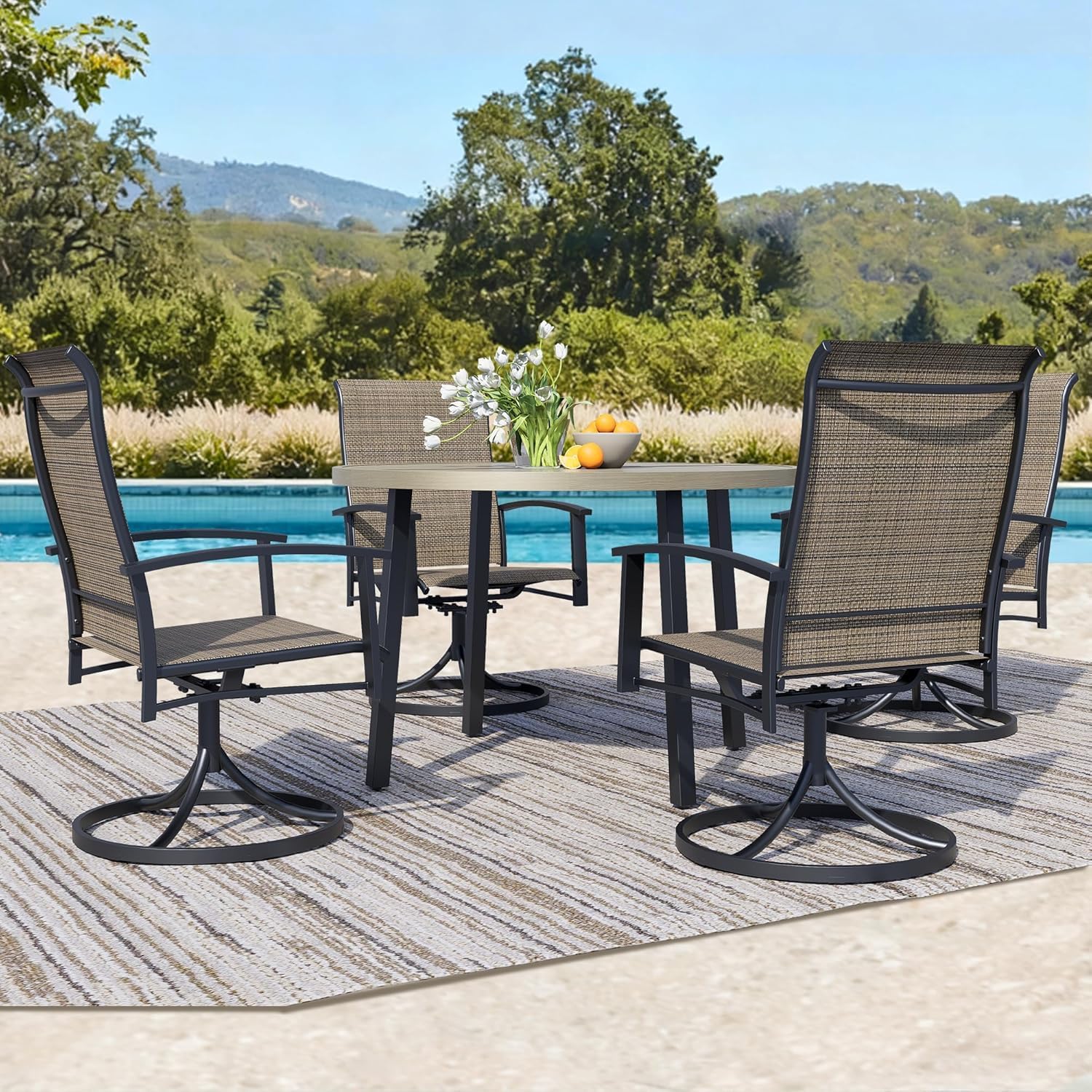 Outdoor Patio Swivel Dining Chairs Set of 2, All-Weather Swivel Rocker Chairs with Textilene High Back and Black Rust-Proof Metal Frame, Perfect for Patio, Lawn, Garden, or Backyard, Mocha