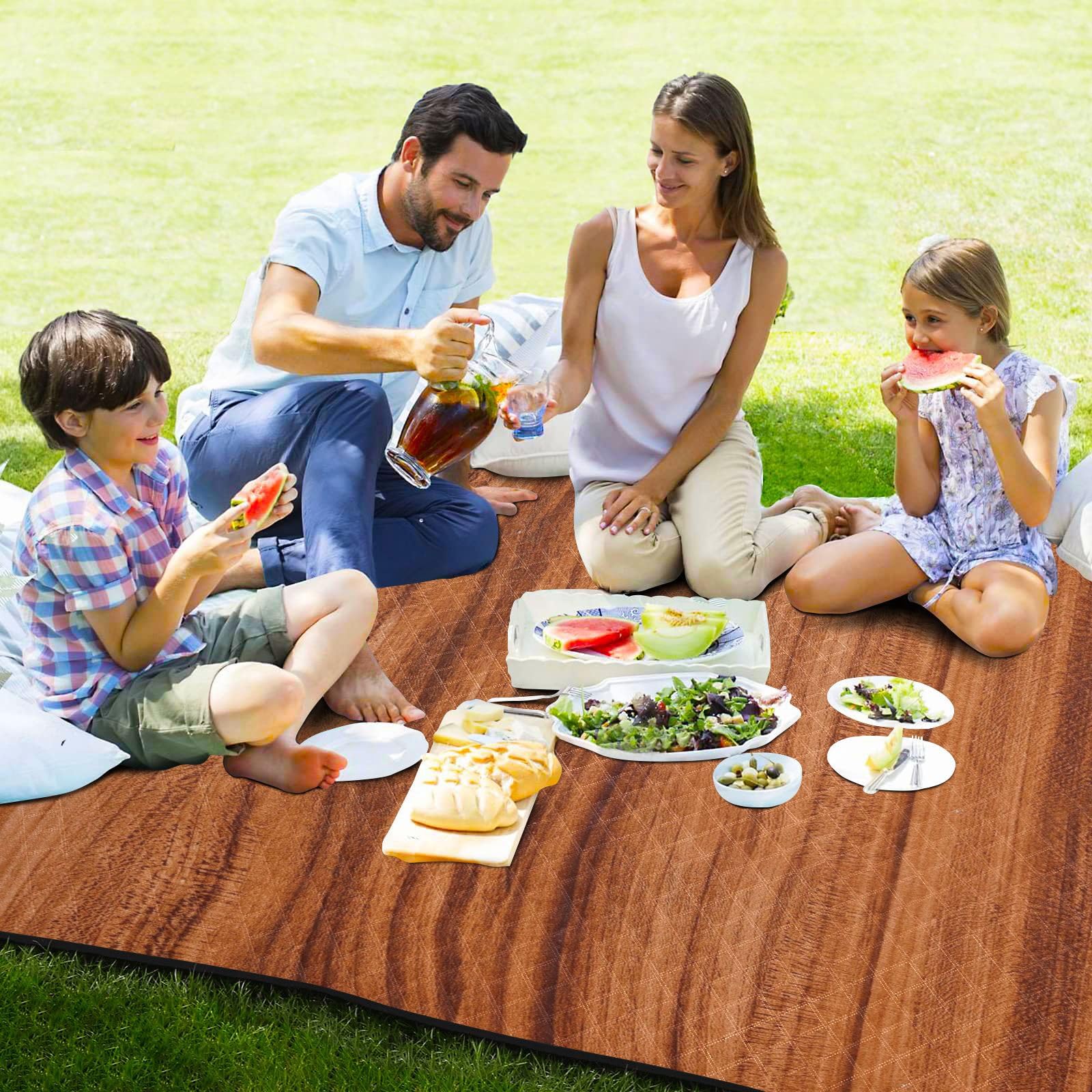 Alfombra de picnic impermeable de grano de madera marrón, portátil, para senderismo, al aire libre, para conciertos familiares, manta de picnic
