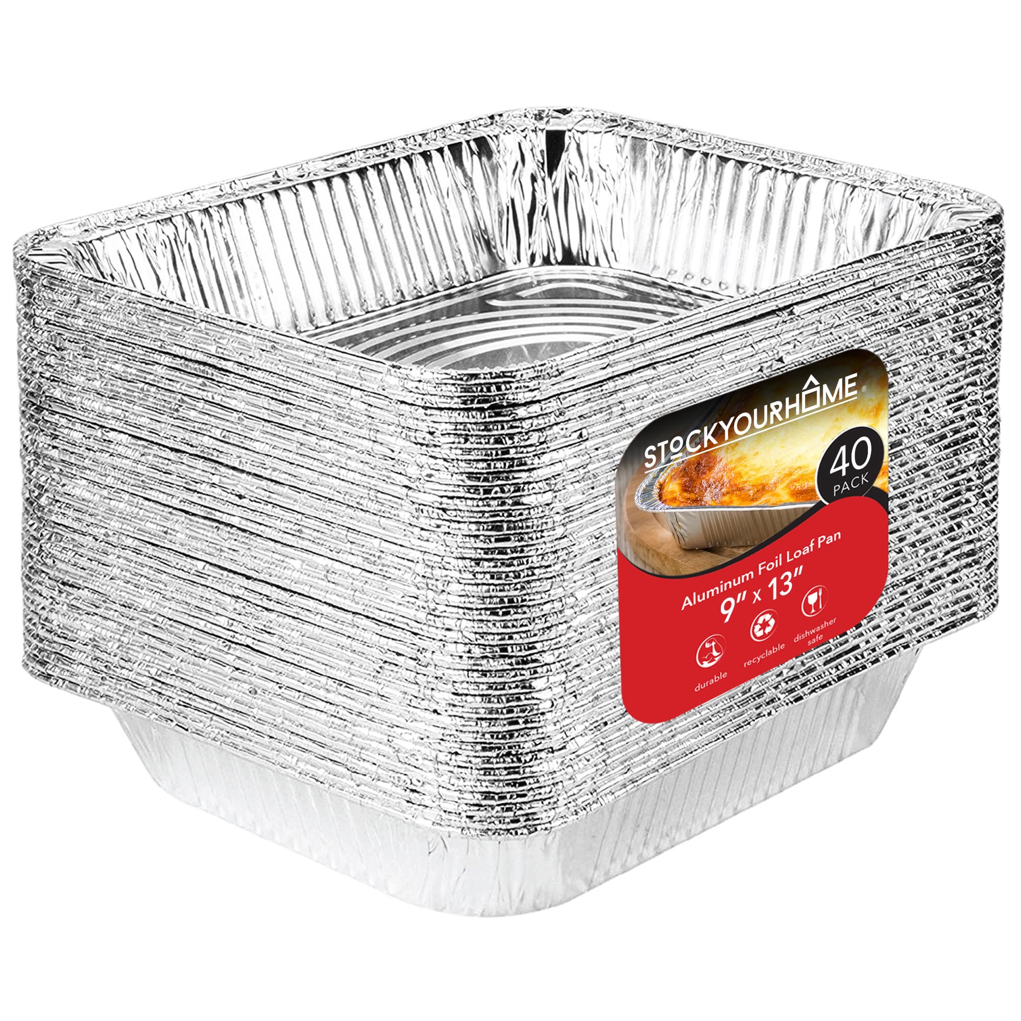 9x13 Aluminum Pans (40 Pack) - Disposable and Recyclable Foil Trays - Half Size Steam Table Deep Pans - Tin Foils for Cooking by Stock Your Home – 40 Pack, 96.0 ounces, Aluminum
