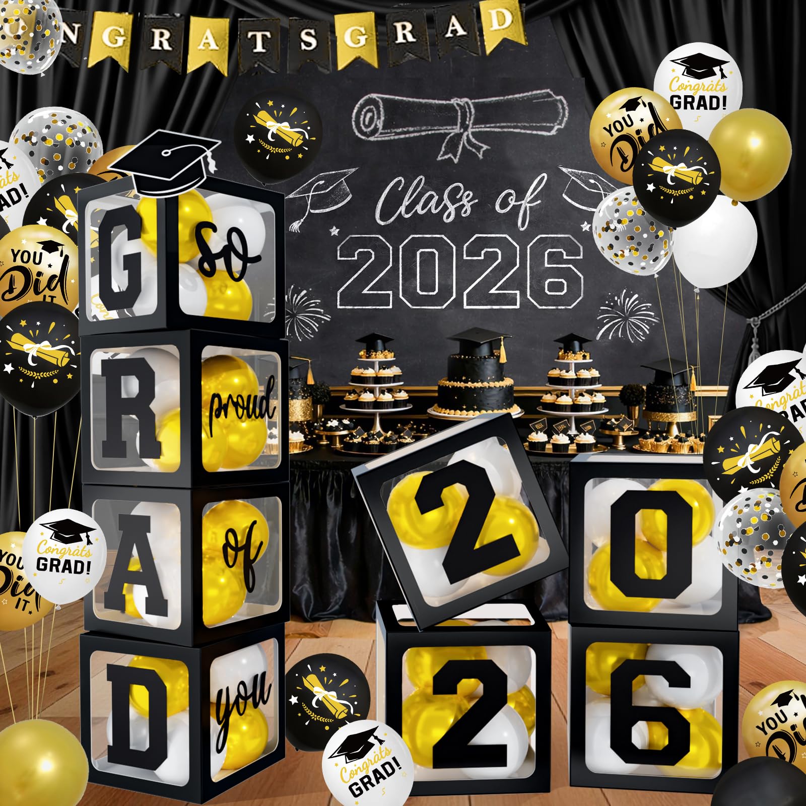 Photo 1 of 2026 Graduation Decorations - Black Balloon Boxes with Letters 2026 Grad & So Proud of You and Black White Gold Print Balloons, Graduation Party Decorations Class of 2026 for Any Grades(Black)