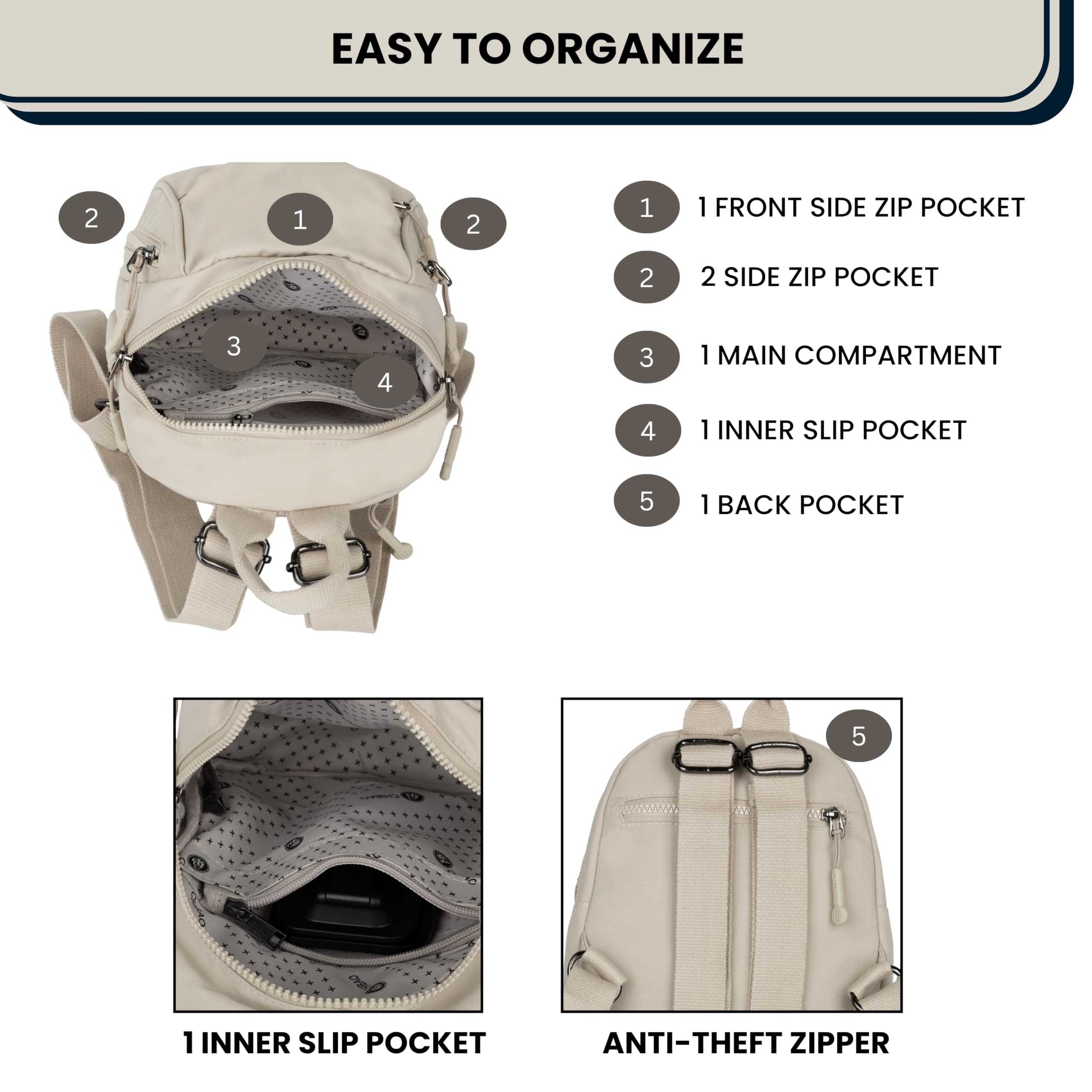 TS WITH TECHSUN Women’s Small Mini Backpack Purse |Lightweight Water-Resistant Compact Sling Bag for Travel, Daily Use & Casual Outings | Fits Only Essentials (Beige (L) 20 X (W) 14 X (H) 24 CM) 2
