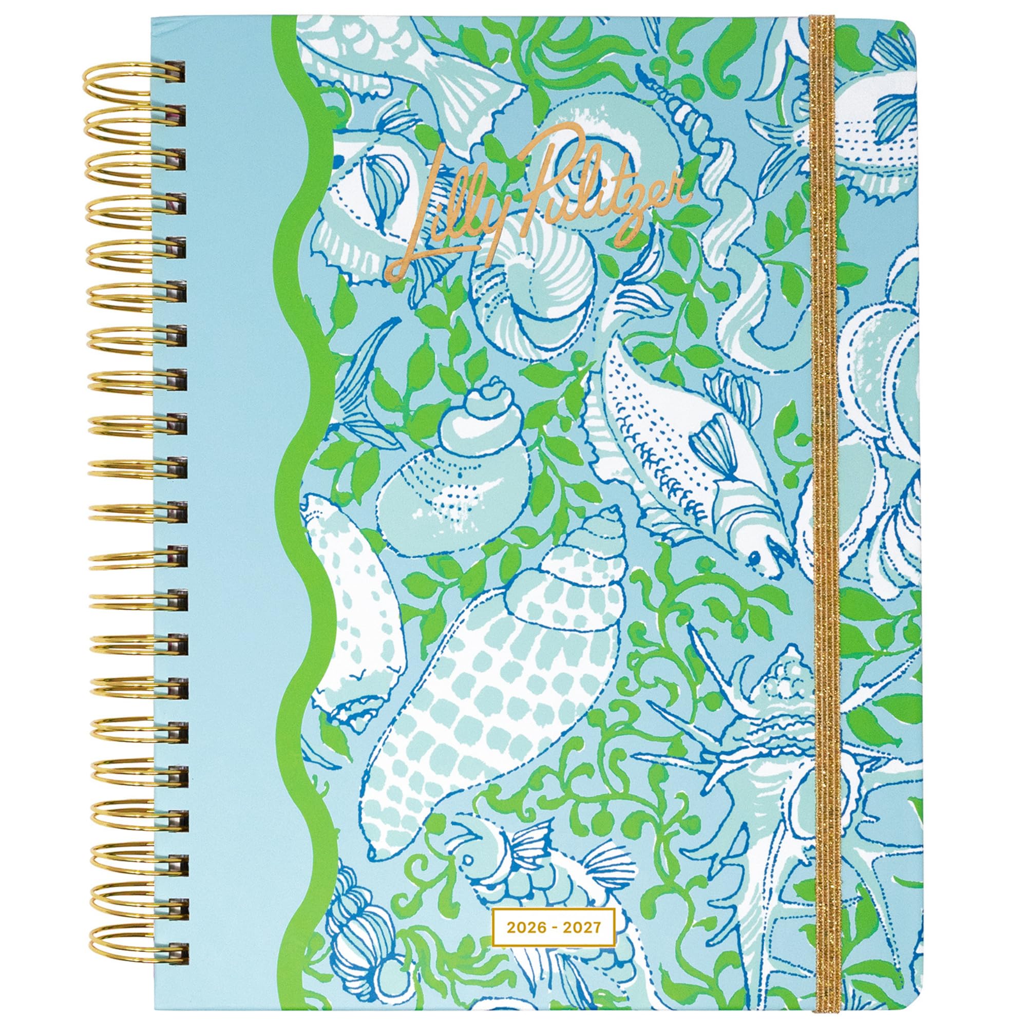 Lilly Pulitzer Agenda Jumbo 17 mesi, 21,9 x 28,3 cm, datata agosto 2026-dicembre 2027, rilegatura a spirale dorata e chiusura elastica, layout settimanali e mensili, adesivi, pagine di viaggio e