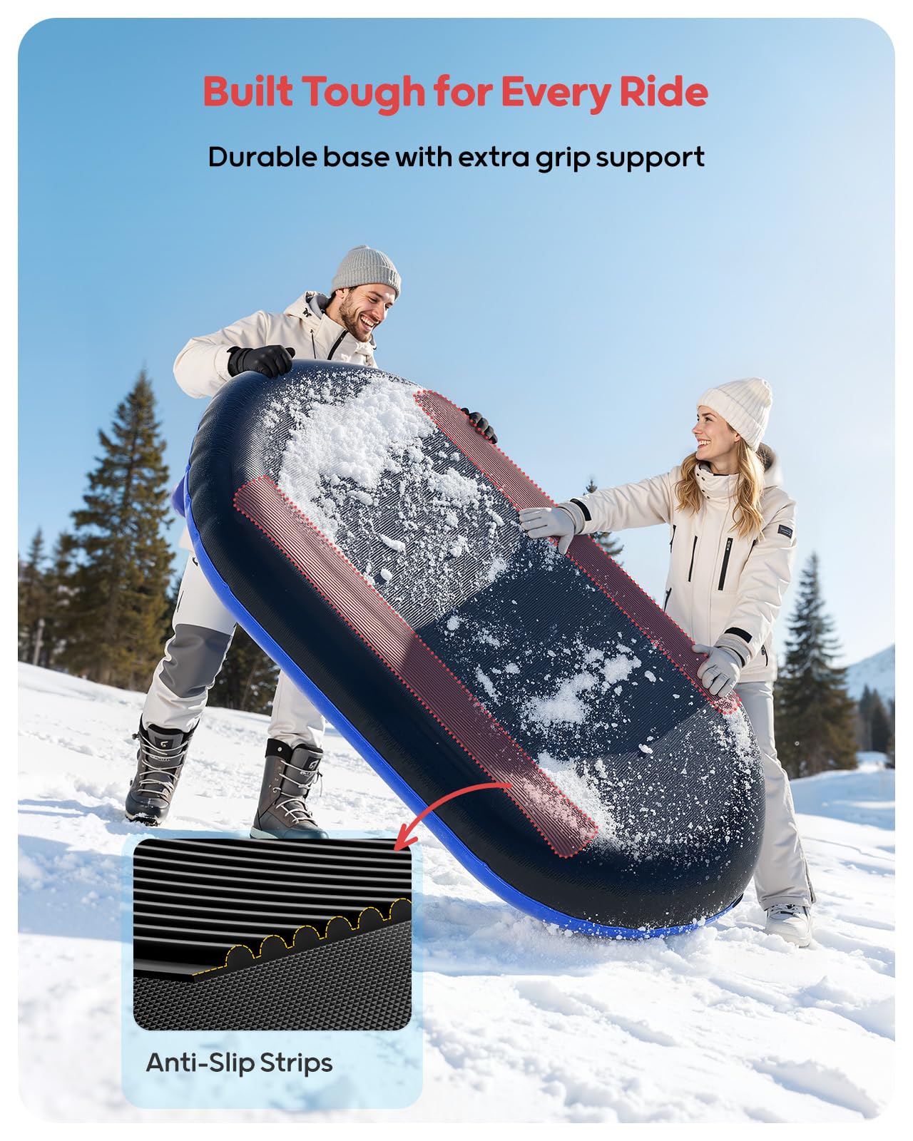 Neumático de nieve inflable para niños y adultos con dos respaldos y cuerda de tracción, asas, válvulas de soplado rápido (azul)