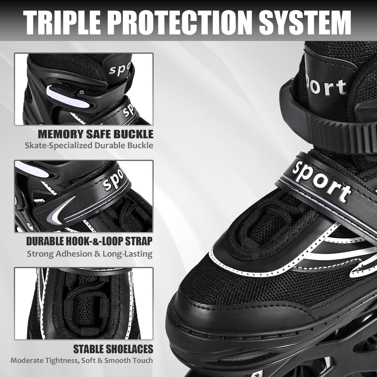 Einstellbare Kinder Inline Skates für Jungen Mädchen, Schwarz Weiß 4-Rollen Inline Skates für Jugendliche & Erwachsene mit leuchtenden Rädern für drinnen draußen Sport Freizeit