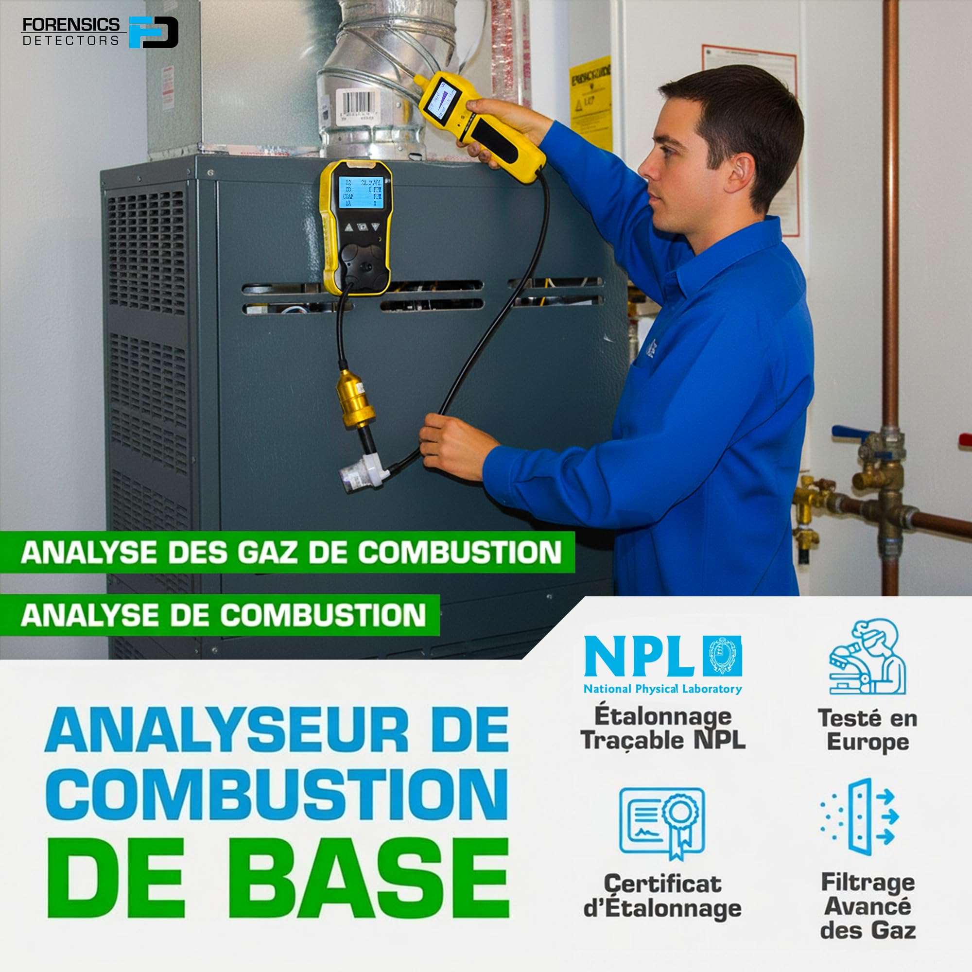 Analyseur de Gaz de Combustion Basique | Capteurs CO et O2 | Piège À Eau, Filtres À Particules et NOx | Recharge USB | Certificat d'Étalonnage UE