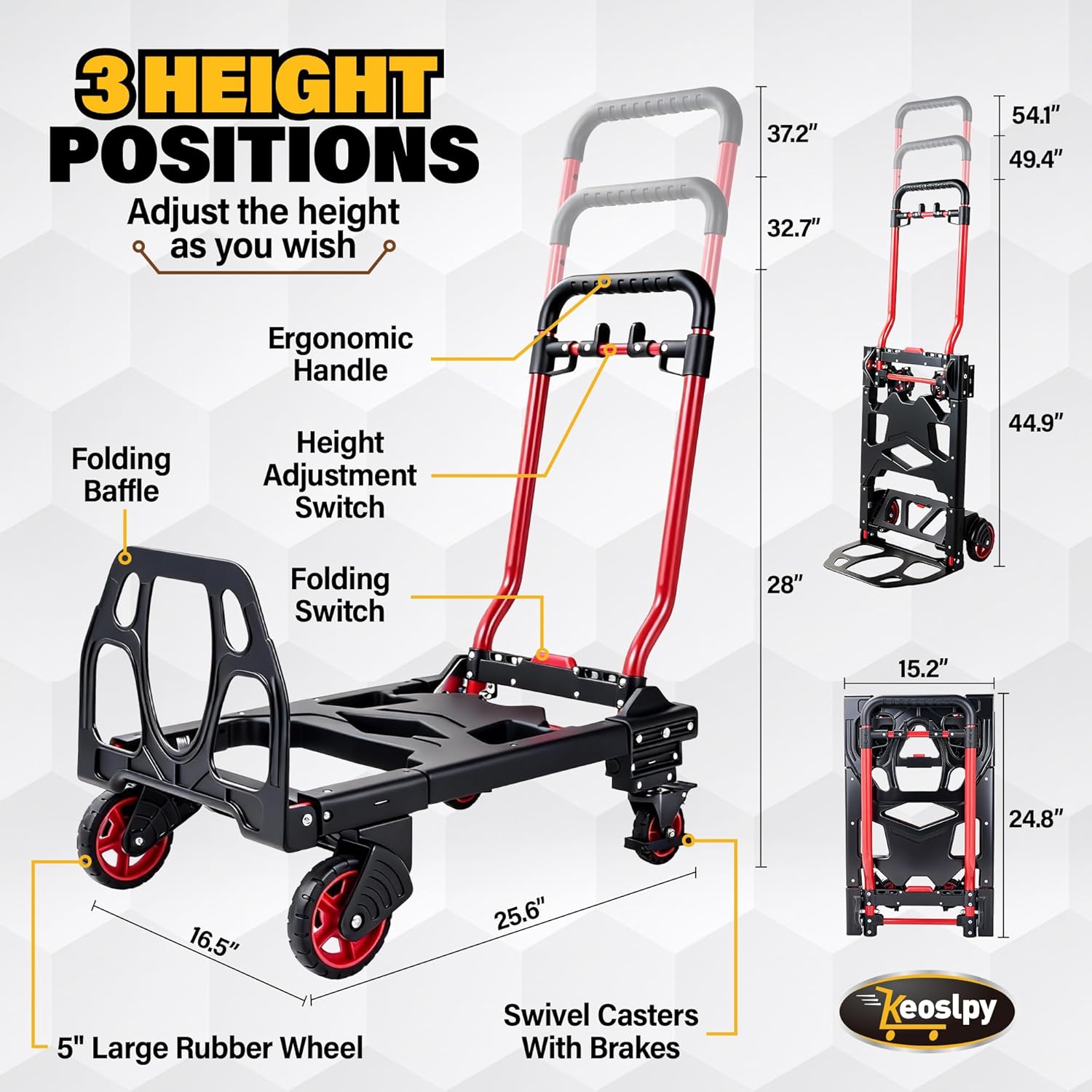 Upgraded 2-in-1 Folding Hand Truck Dolly, 330 Lbs Heavy Duty Convertible 4 Wheels/2 Wheels Dolly Cart, Retractable Handle Portable Hand Truck for Moving, Office, Luggage, Groceries Transport
