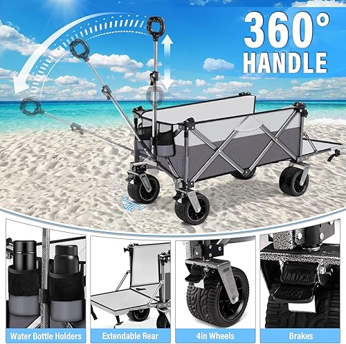 Miniatura 6 de Carrito de playa con ruedas grandes y freno, plegable de 180 L, plegable, para servicio pesado, portón trasero extensible, para arena, camping,