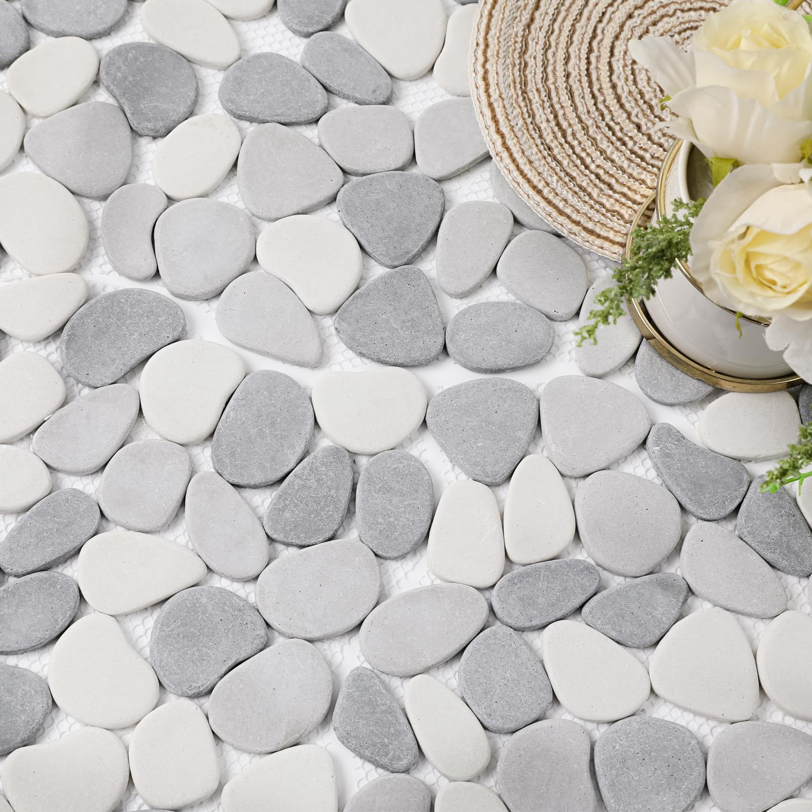 Pebble Tile for Shower Floor, Gray and White Oval, 5 Sheets, Pebble Backsplash for Kitchen Bathroom Wall and Floor Tile