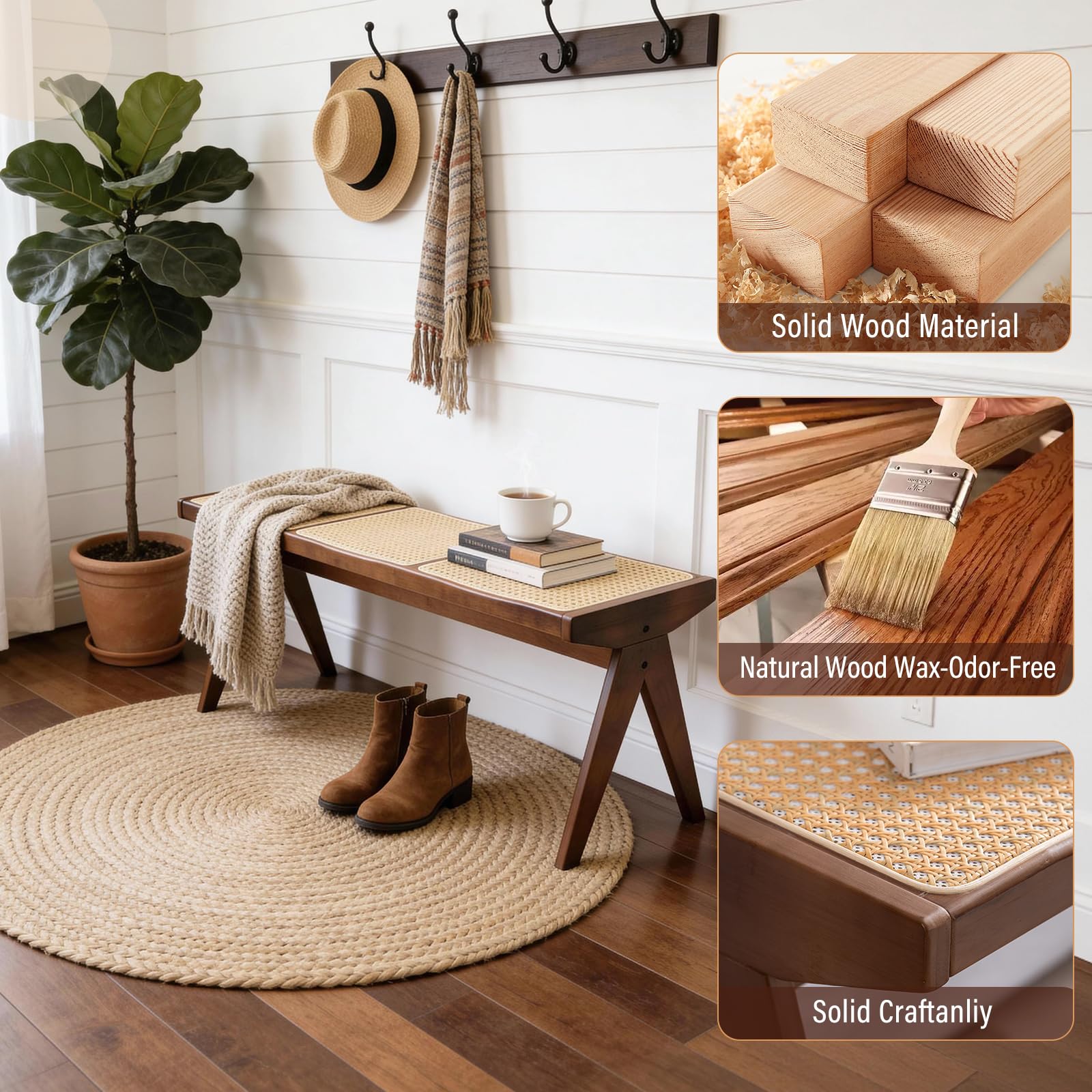 Furlide Wooden Rattan Dining Bench for Entryway, 49”Farmhouse Solid Wood Indoor Bench with Woven Cane Seat, Mid Century Bed End for Bedroom, Hallway, Living Room，Walnut | Woven cane seat and solid wood frame; use as an end-of-bed bench or extra seating in