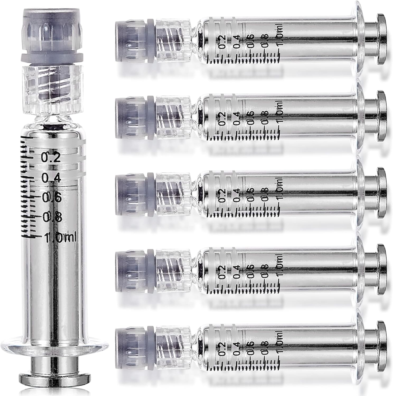 1ML Borosilicate Glass Syringe with Silver Metal Plunger | 50 Pack | Anti-Leak Luer Lock Syringe without Needle | Accurate Measuring Syringe for Liquid, Glue, Oil w/ Borosilicate Glass Tube