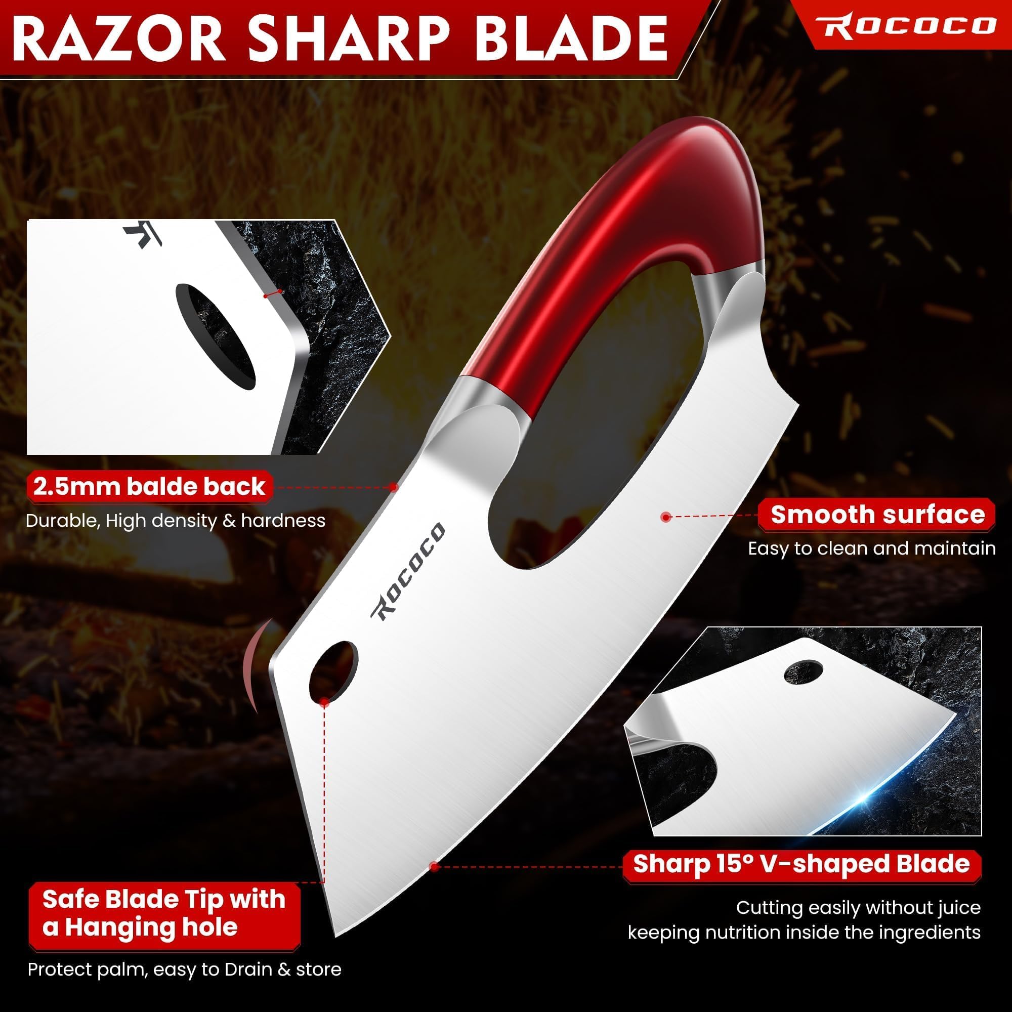 ROCOCO Effort Saving Meat Cleaver - Red Easy Handle Chef Knife — Amazon image 5