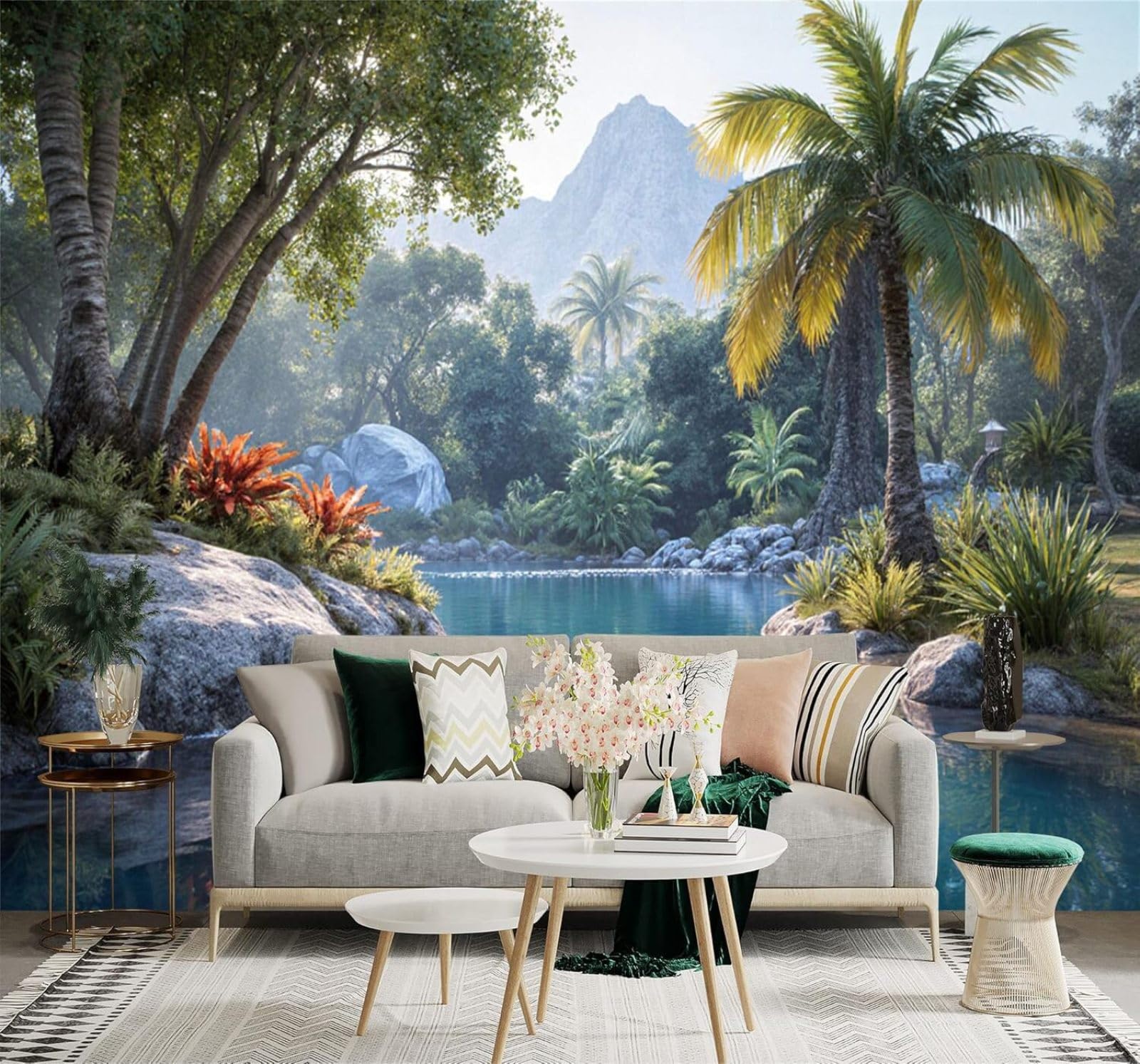 XLMING Tropical Palm Trees Lakes Mountains Lush Forests 3D Wallpaper Silky Texture Home Study Office Grey Dining Room Sofa Bedroom Living Room TV Backdrop-150cm×105cm