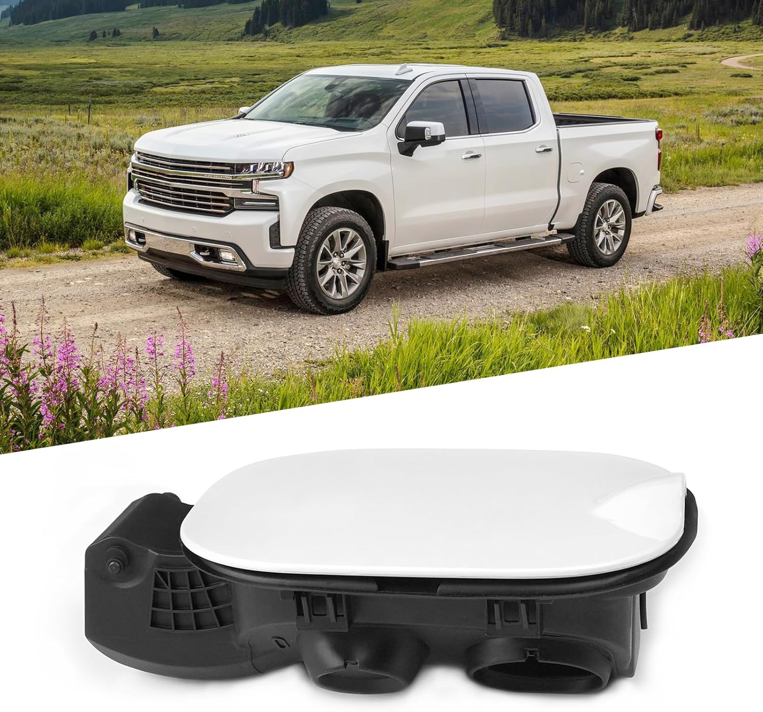 Moonlinks Compatible with 2019-2025 Chevy Silverado 1500 6.6FT Bed Gas Tank Door Housing with White Cover,Fuel Tank Filler Pipe Housing Replacement w/Gas Cap Fuel Door for 84745944,84745974