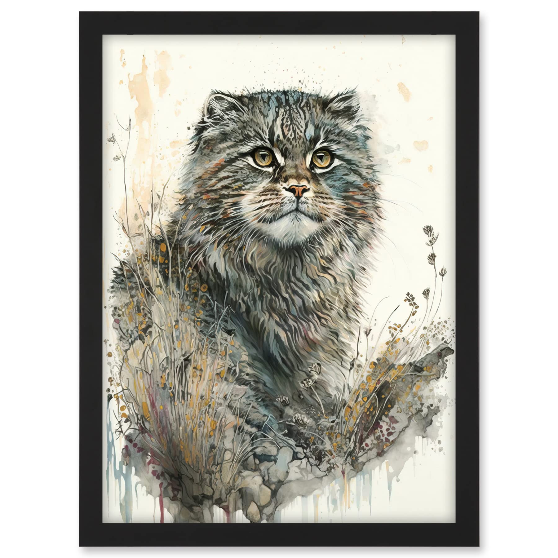 Artery8 Manul Pallas Cat Portrait in Wildflowers Watercolour Illustration Artwork Framed A3 Wall Art Print