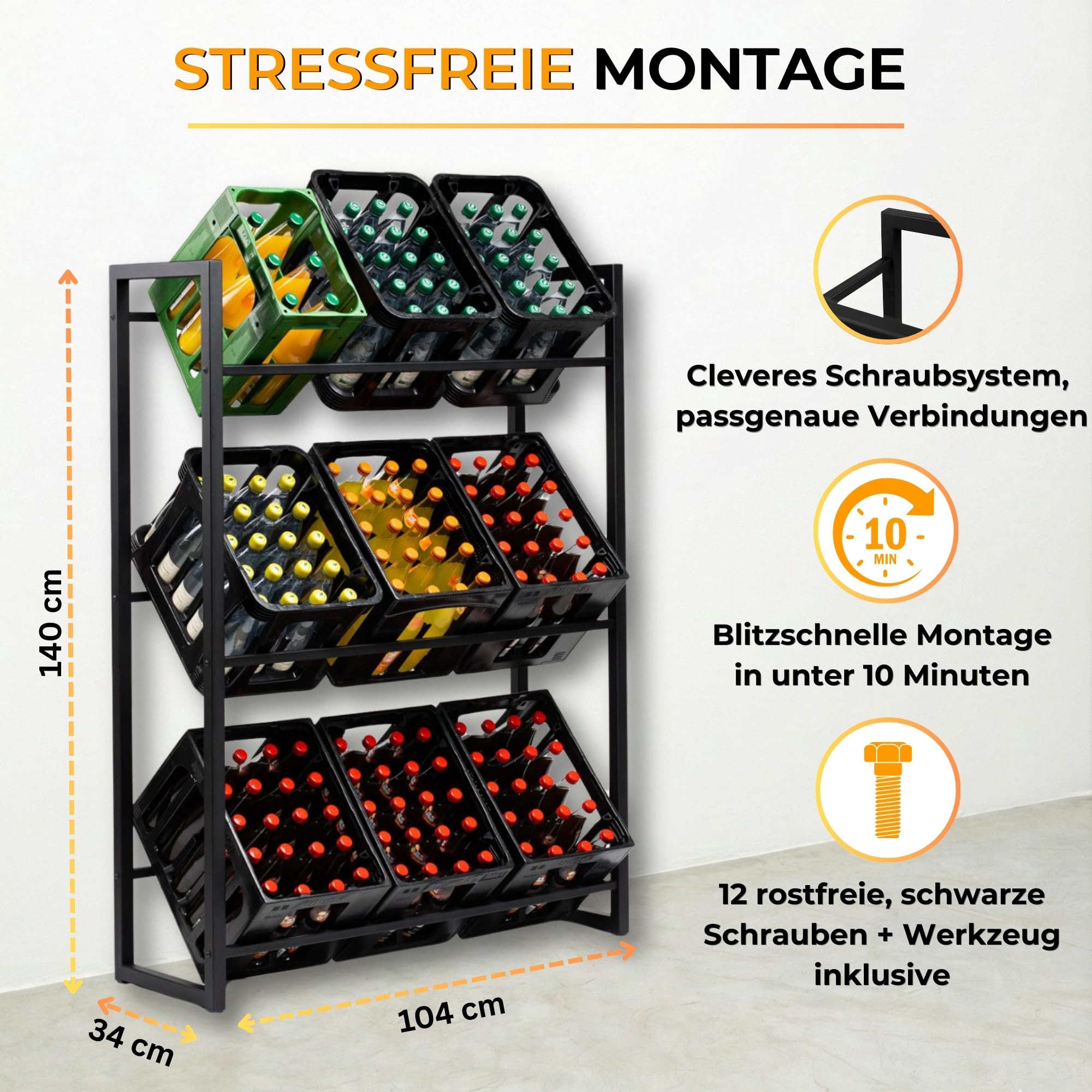 Getränkekistenregal 9 Kisten mit 750 kg Tragkraft - Kistenregal extrem stabil & höhenverstellbar - Regal für Getränkekisten einfache Montage - Getränke-Regal schwarz aus Metall - Trio