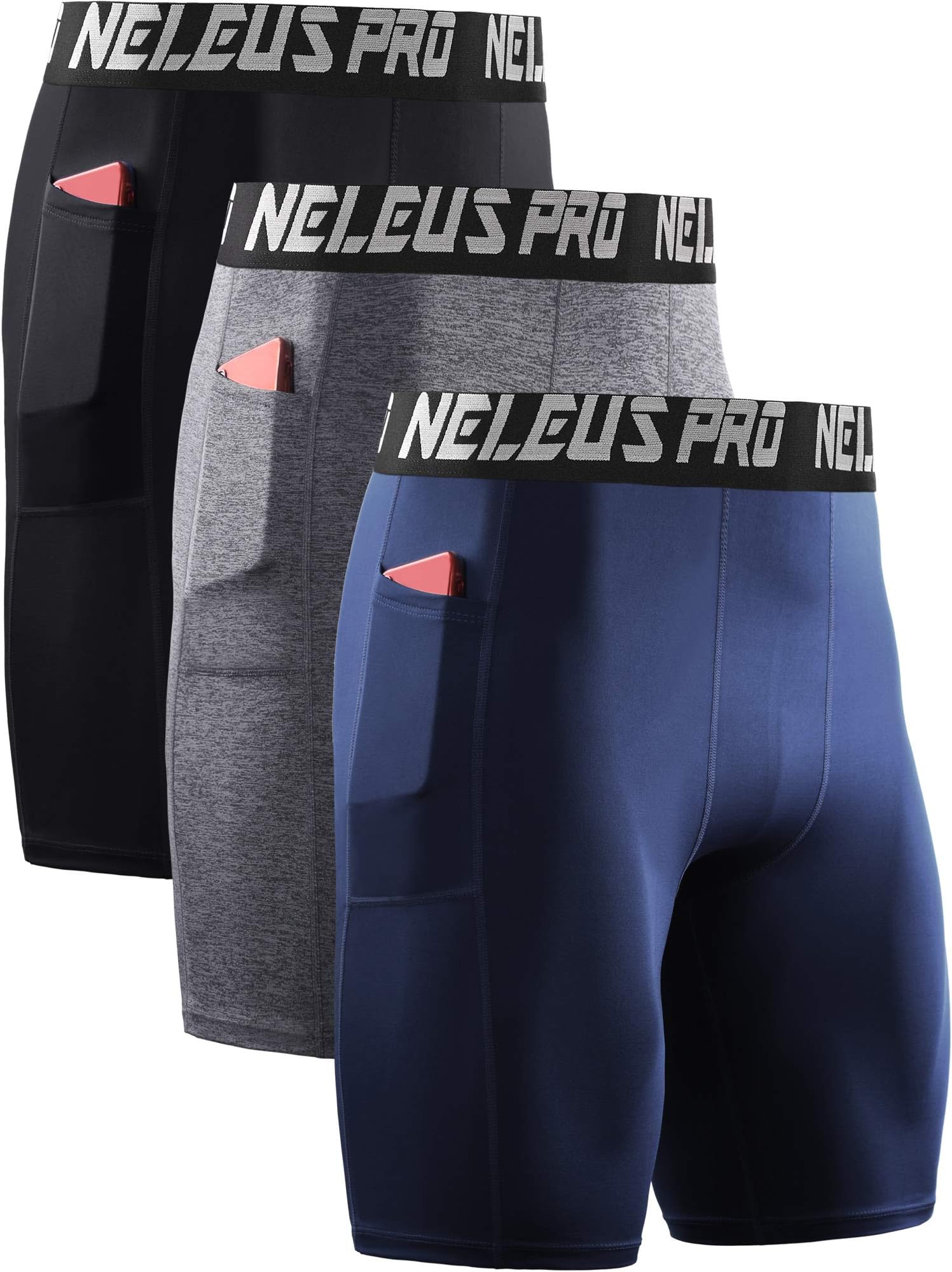 NELEUSMen's 3 Pack Compression Short with Pocket