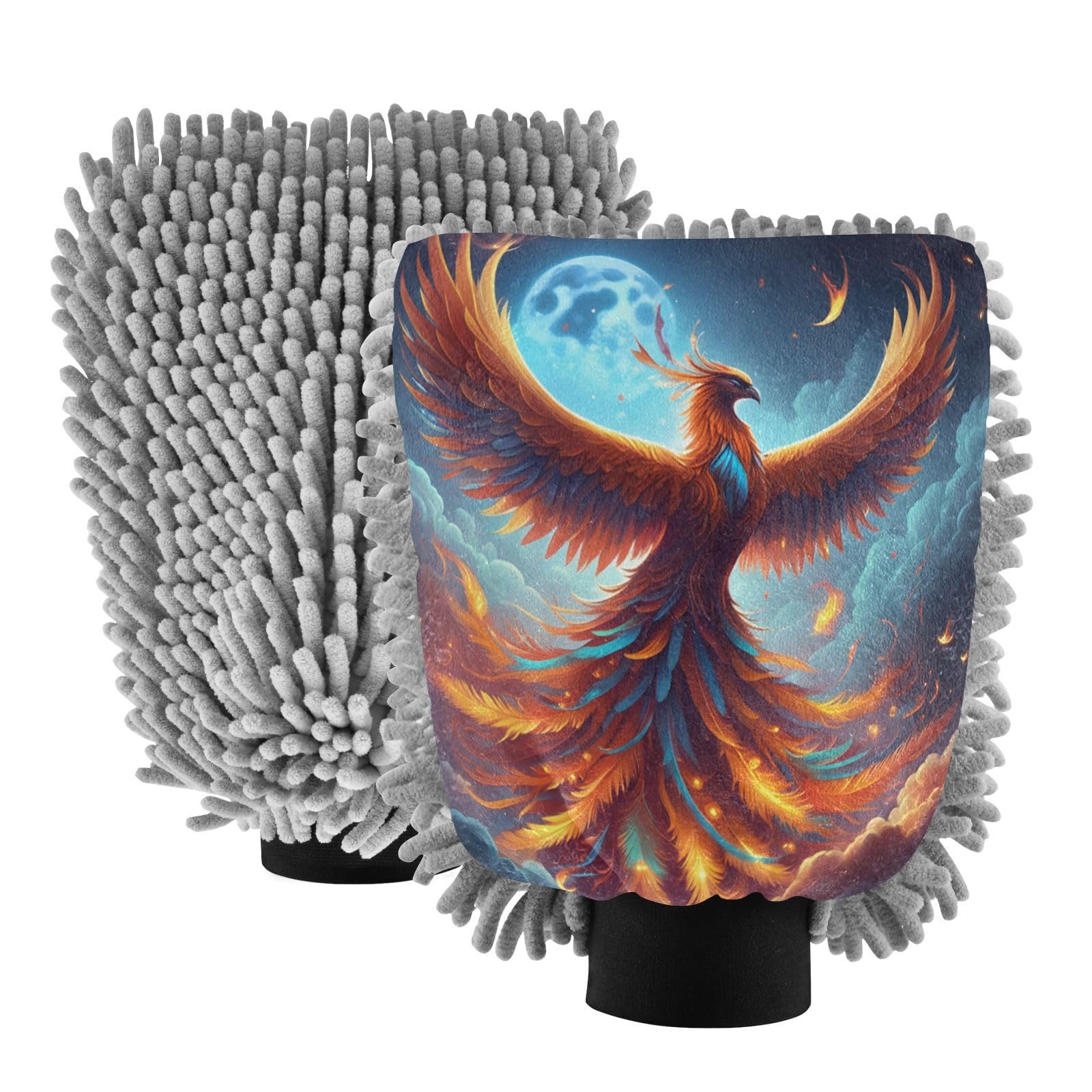 STAYTOP Beautiful Phoenix of Fire Car Wash Mitt Microfiber, 2Pcs Scratch Free Lint-Free, Premium Chenille Microfiber Mitt Car Wash Brush-L