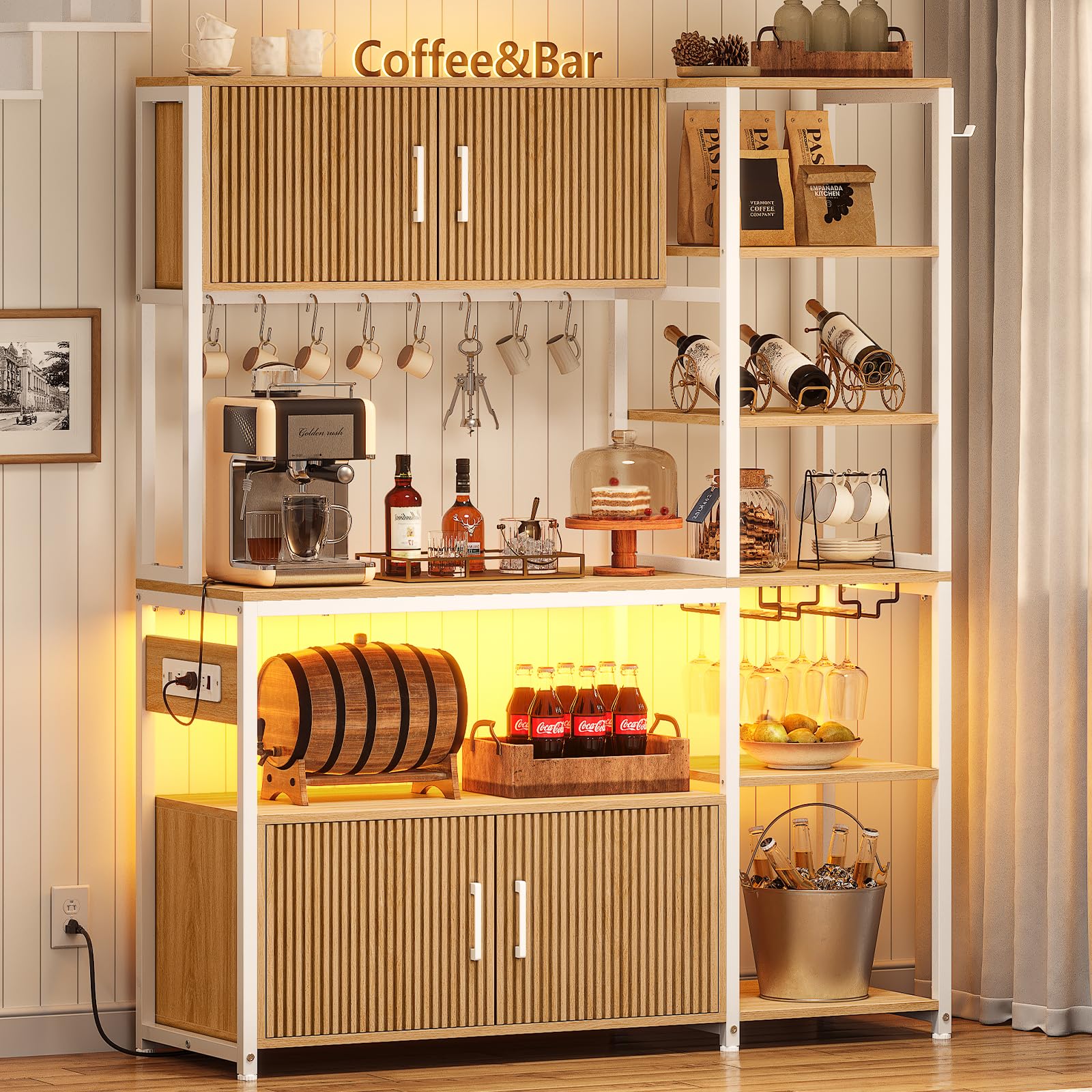 Itaar Fluted Bakers Rack with Storage and LED Light, 45.3 Inch Coffee Bar Cabinet, Microwave Stand with Storage, Goblet Holder and 8 Hooks for Kitchen, Living Room, Oak