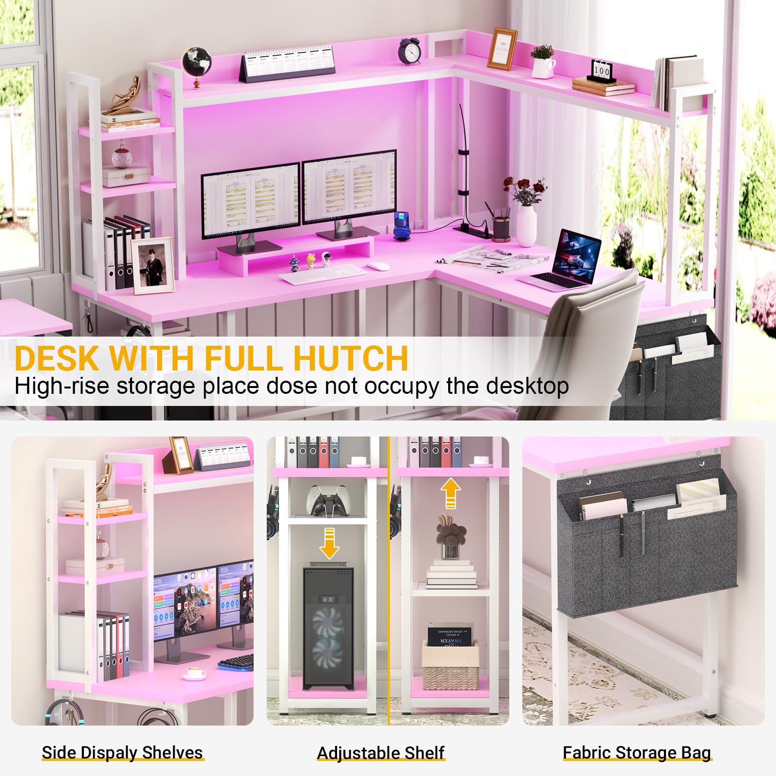 Aheaplus L Shaped Desk with Power Outlet, L Shaped Gaming Desk with Led Light & Hutch, Reversible Home Office Desk, Corner Computer Desk Writing Desk with Monitor Stand & Storage Shelves,: Pink