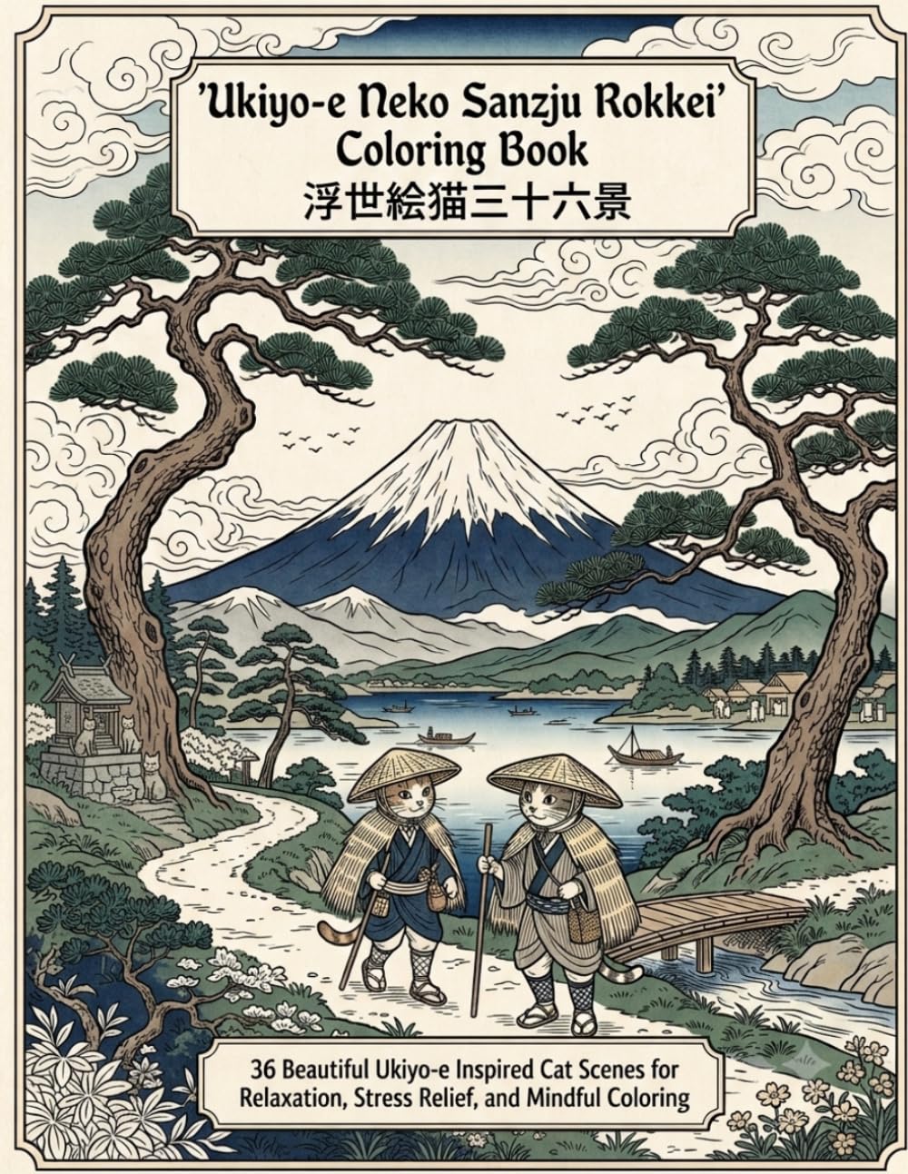 Ukiyo-e Neko Sanjū Rokkei Coloring Book: 36 Beautiful Ukiyo-e Inspired Cat Scenes for Relaxation, Stress Relief, and Mindful Coloring