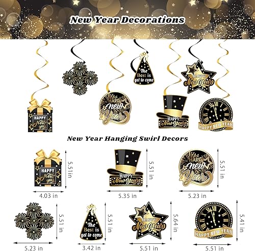 Miniatura 5 de Decoraciones de Año Nuevo 2025, suministros de fiesta de feliz año nuevo negro dorado con banderines, espirales colgantes, accesorios de cabina de