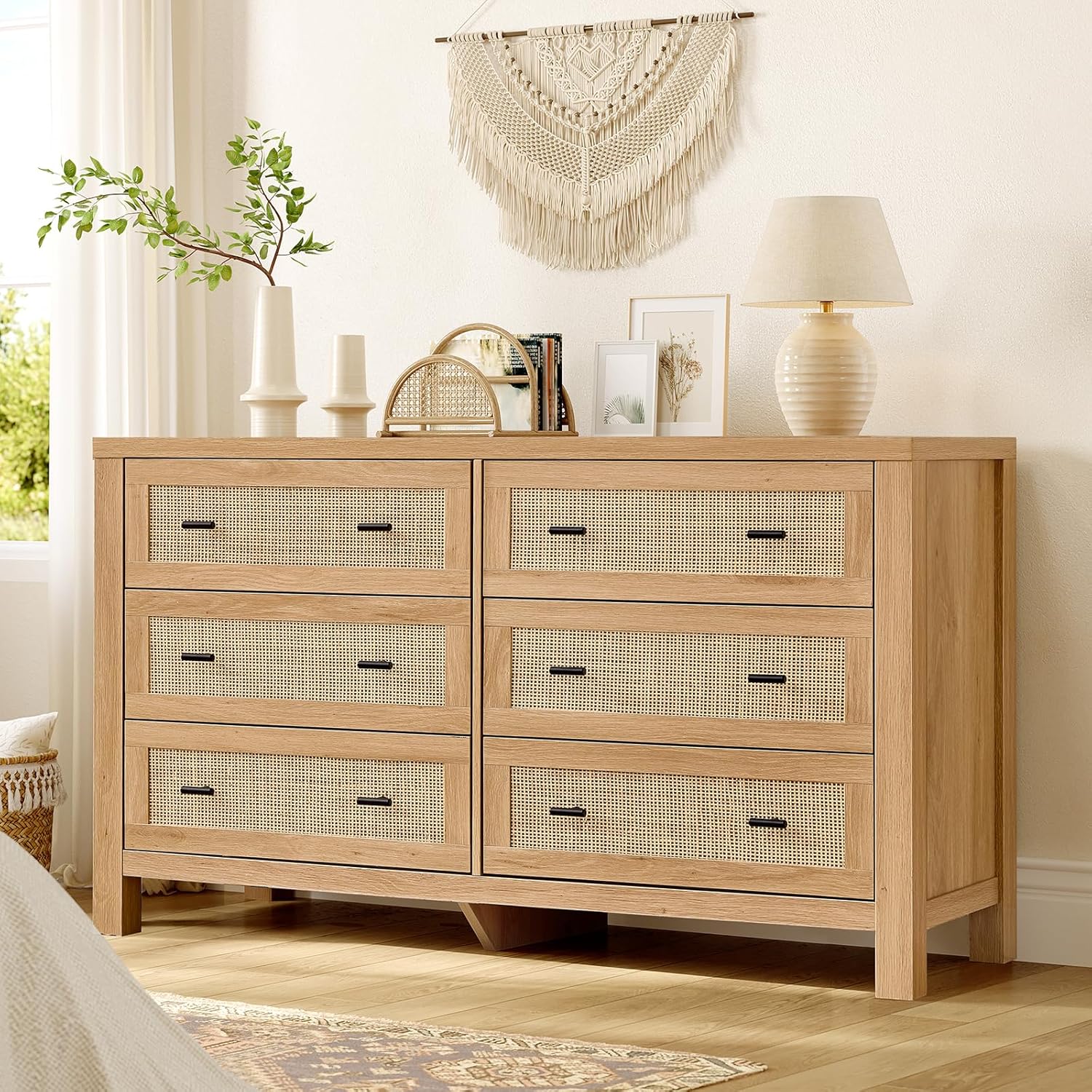 VIAGDO Rattan Dresser for Bedroom, 49.2’’ Wide Rattan Dresser with 6 Storage Drawers, Boho Wood 6 Drawer Dresser with Thick Legs, Wooden Chest of Drawers for Bedroom, Entryway, Living Room, Natural