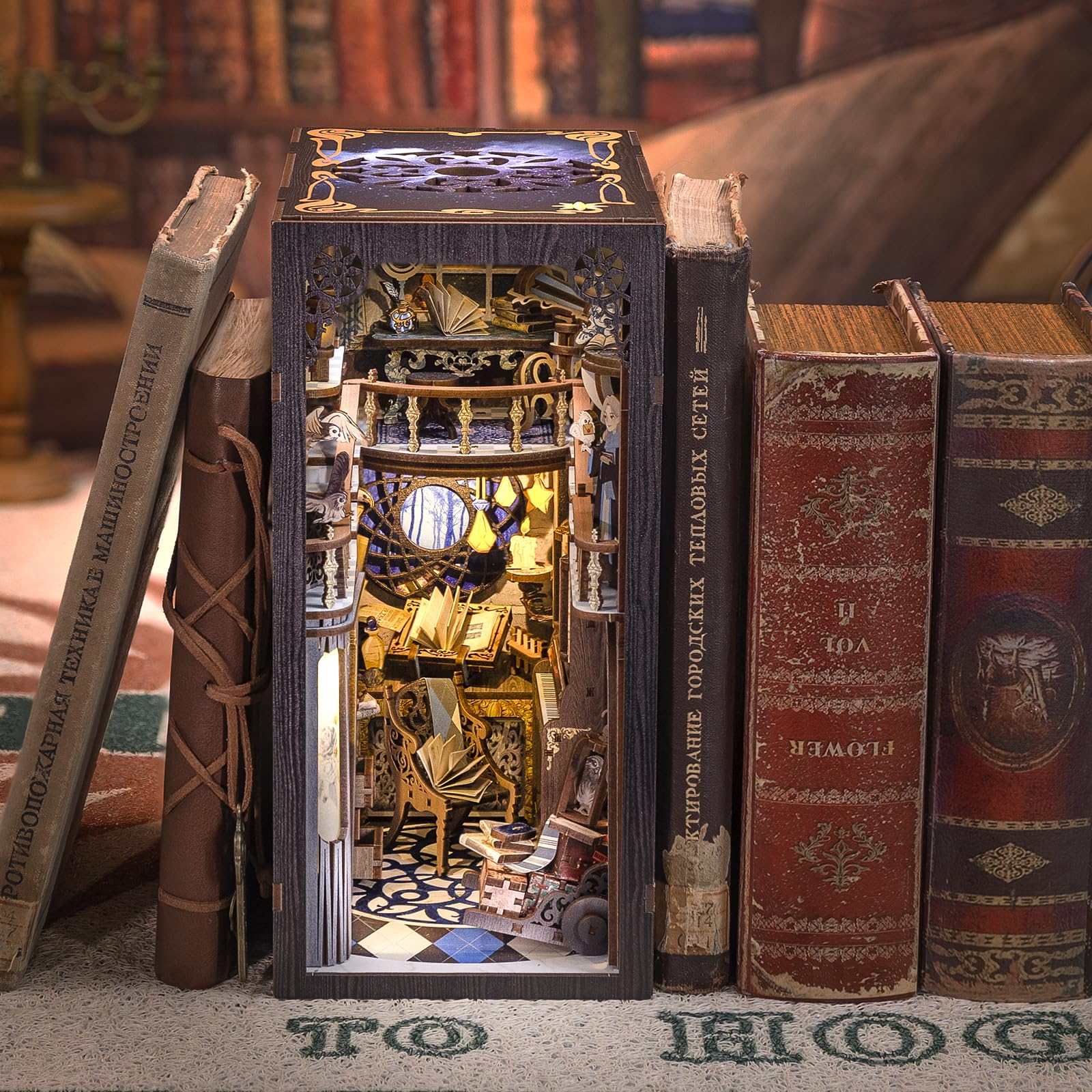 Cutefun DIY Book Nook - Kit per casa delle bambole in miniatura 3D, in legno, per libreria, con inserto per libreria, modello di costruzione, kit regalo creativo con luce (B The Nebula Rest Room)