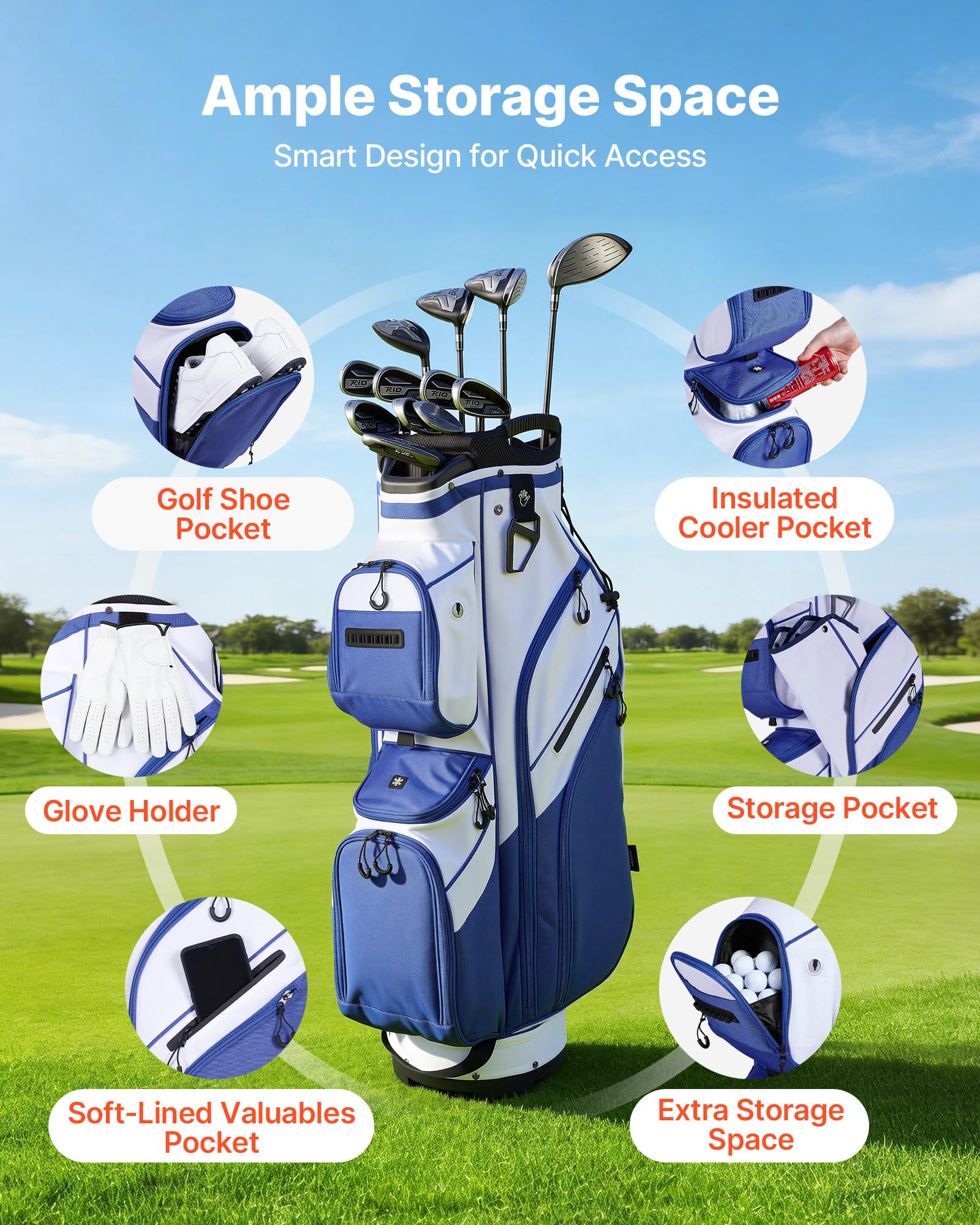 VEVOR Golfbag mit 15-facher Einteilung, Golftasche mit Ergonomischem Schultergurt Durchgehenden Trennfächern Regenhaube Stautaschen, Caddybag aus Leichtem Polyester für Herren Damen Golf Cartbag
